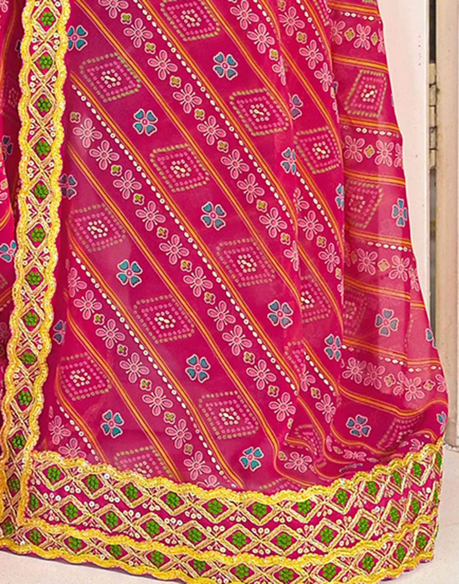 Dark Pink Georgette Bandhani Printed Lace Saree