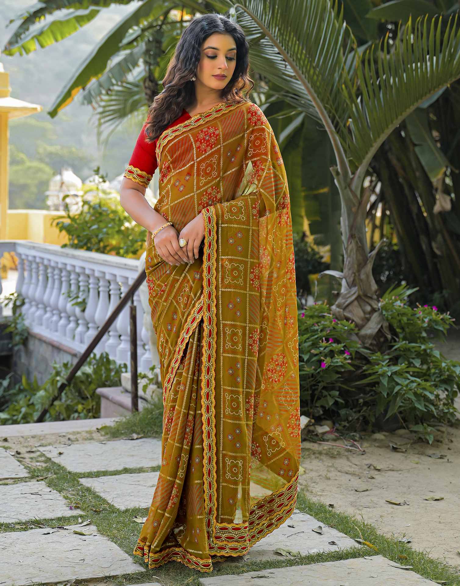 Dusty Brown Georgette Bandhani Printed Lace Saree