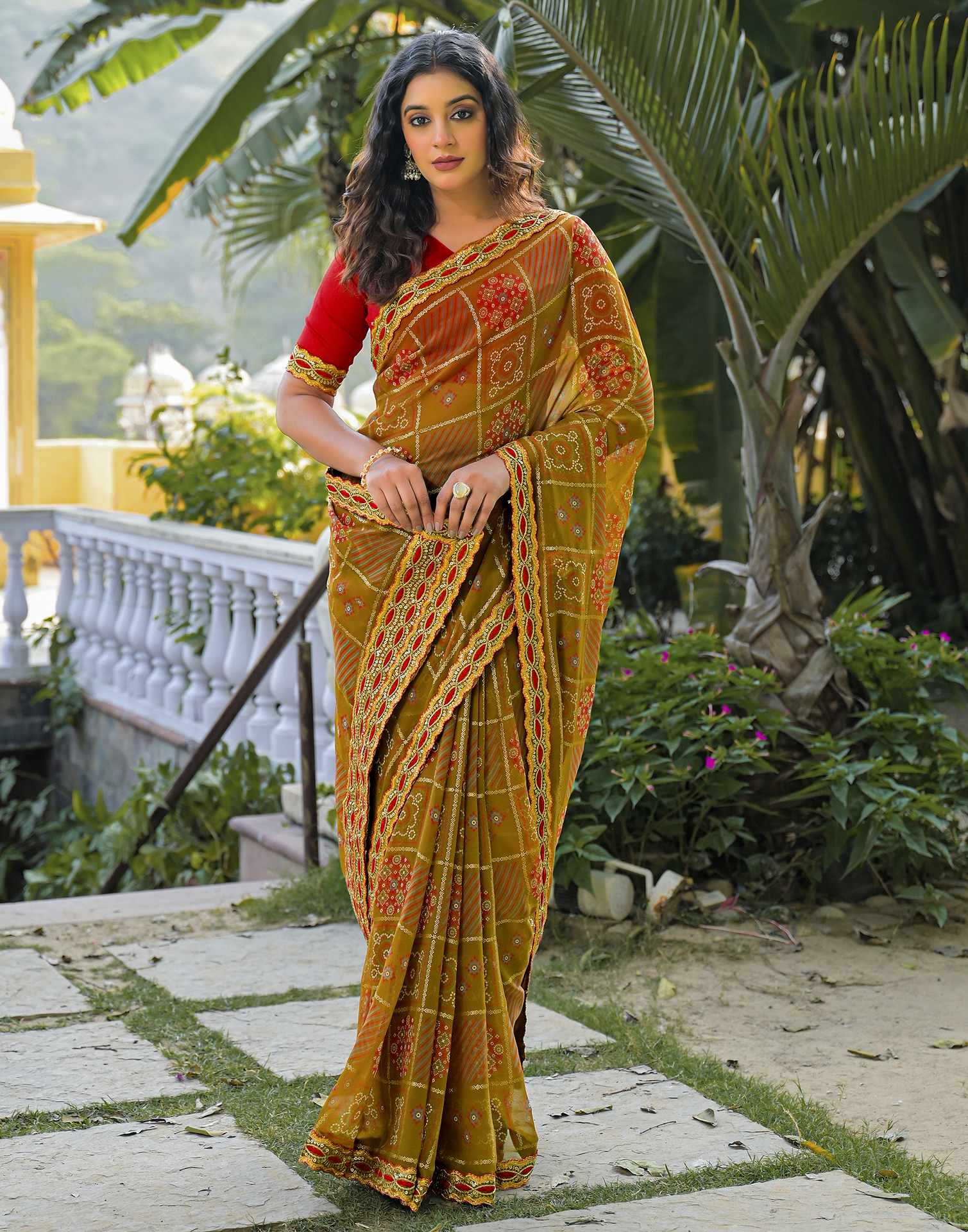 Dusty Brown Georgette Bandhani Printed Lace Saree