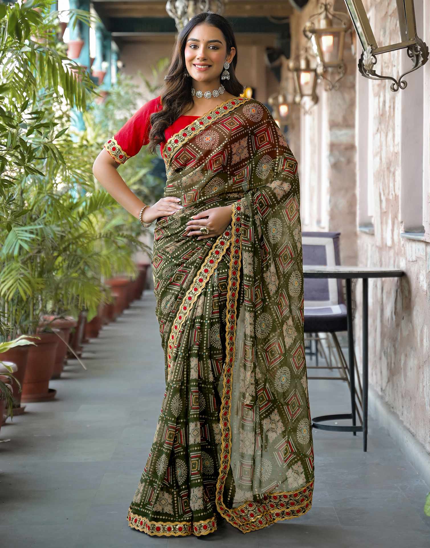 Dark Green Georgette Bandhani Printed Lace Saree