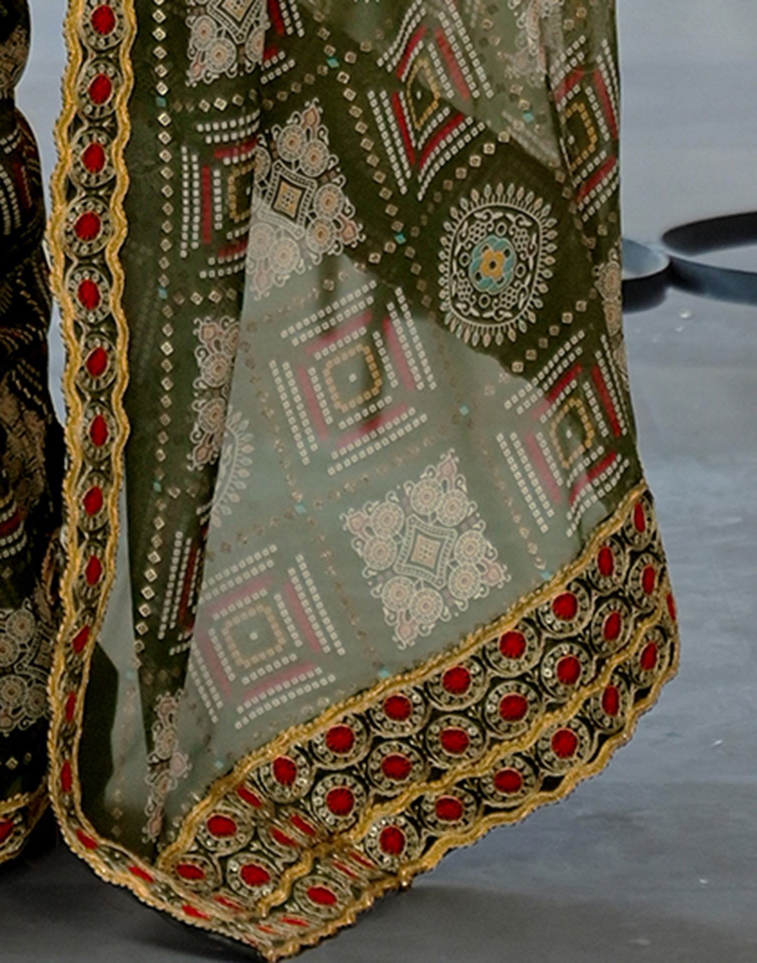 Dark Green Georgette Bandhani Printed Lace Saree