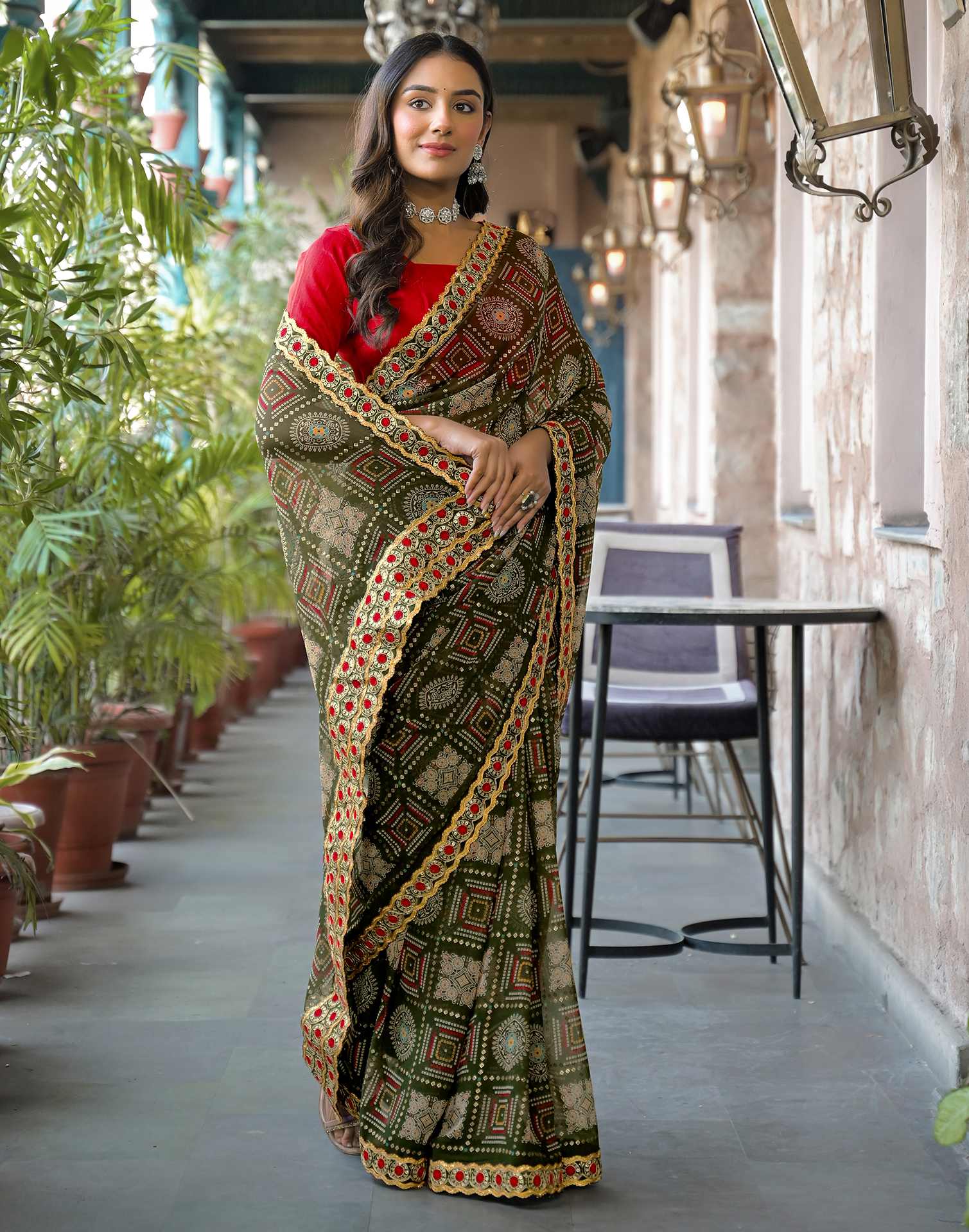 Dark Green Georgette Bandhani Printed Lace Saree