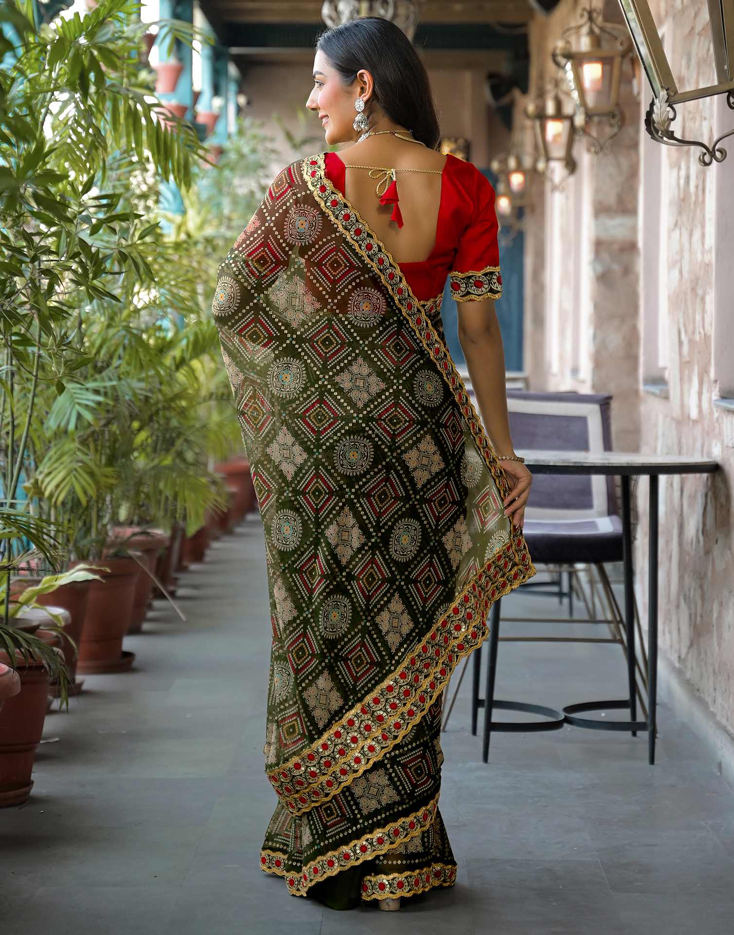 Dark Green Georgette Bandhani Printed Lace Saree