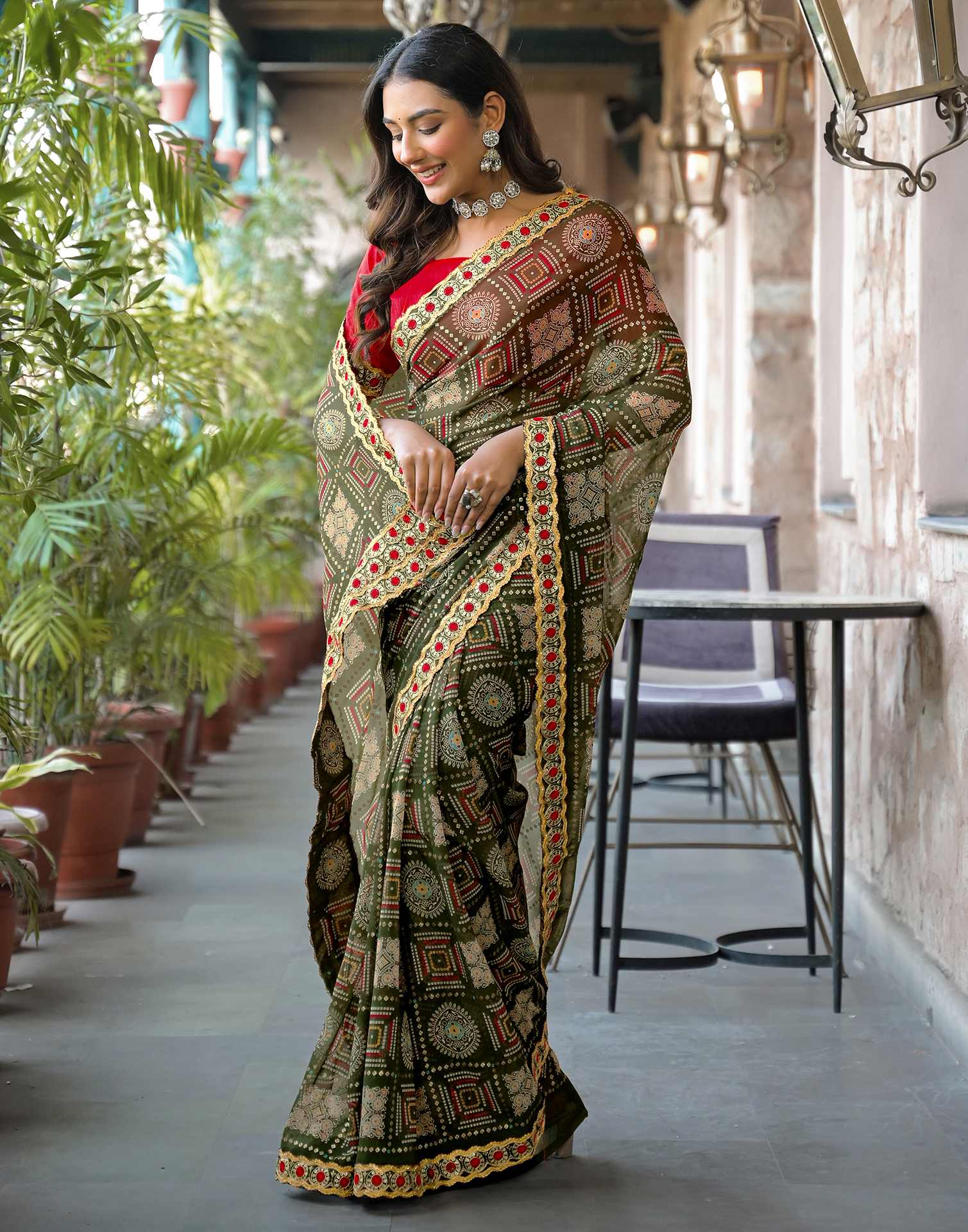 Dark Green Georgette Bandhani Printed Lace Saree
