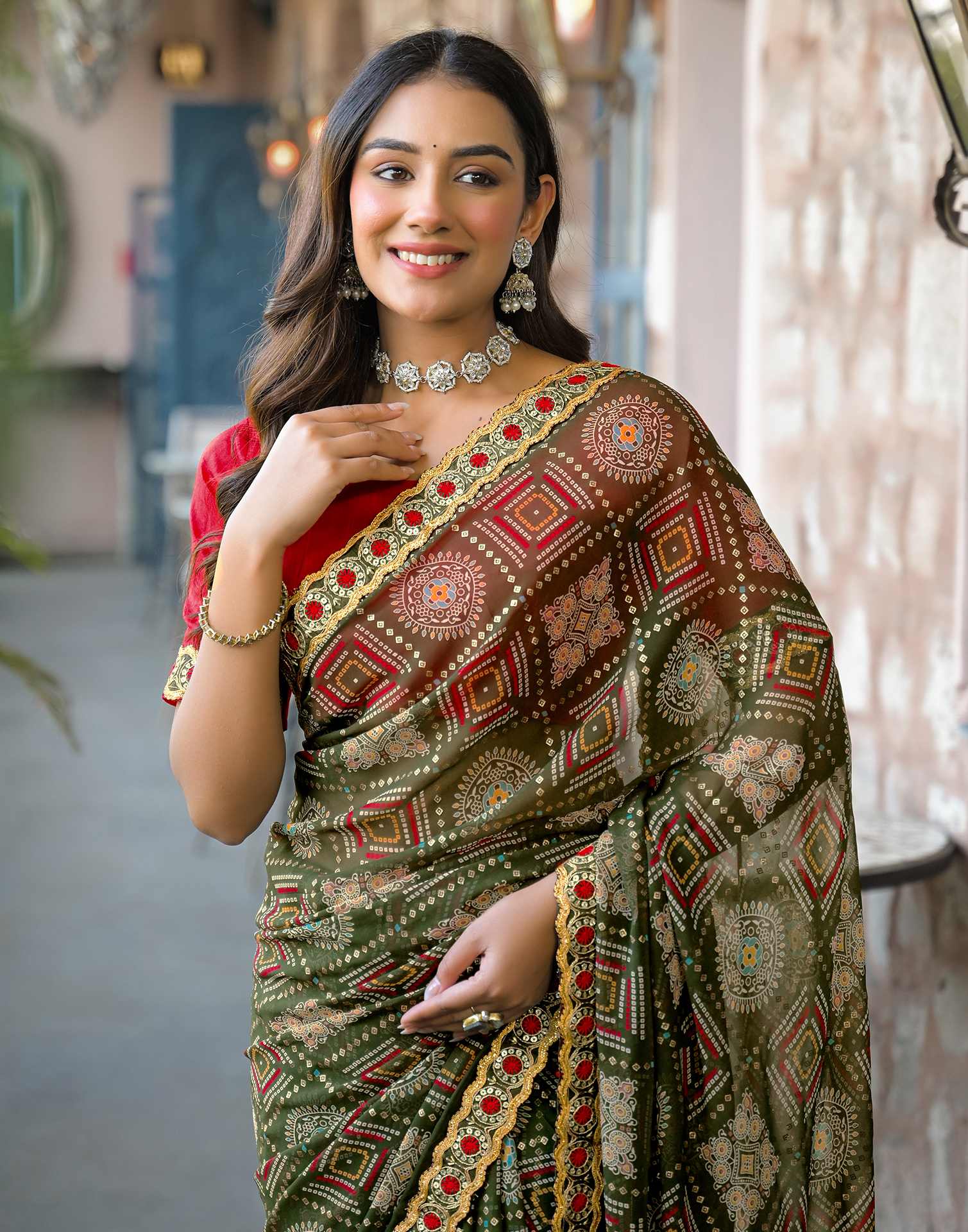 Dark Green Georgette Bandhani Printed Lace Saree