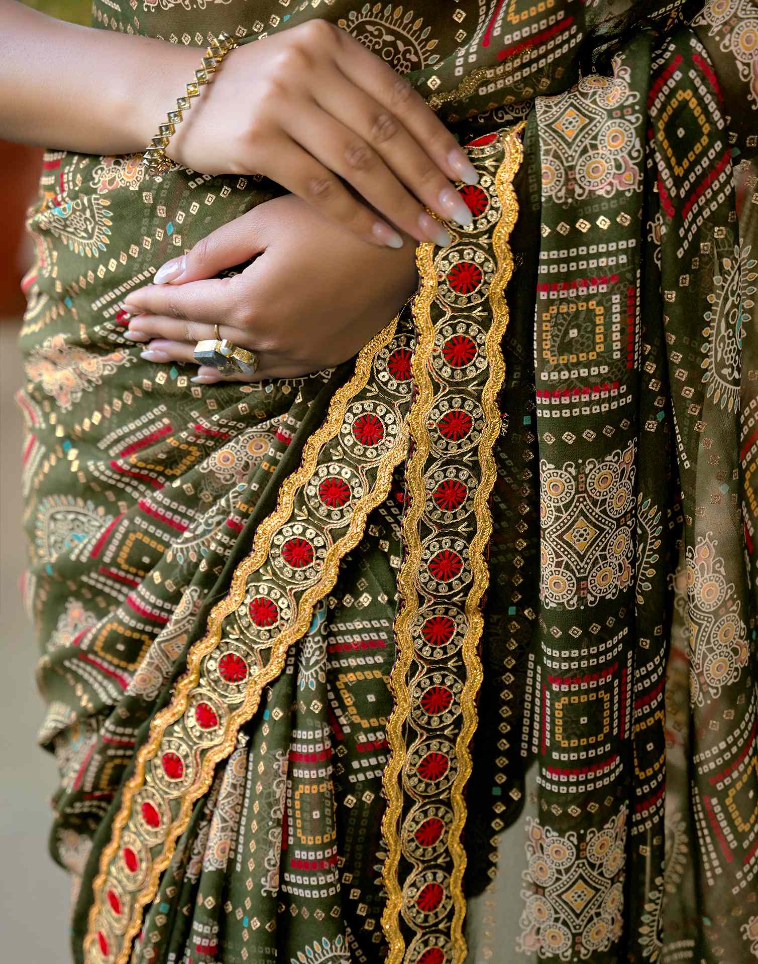 Dark Green Georgette Bandhani Printed Lace Saree