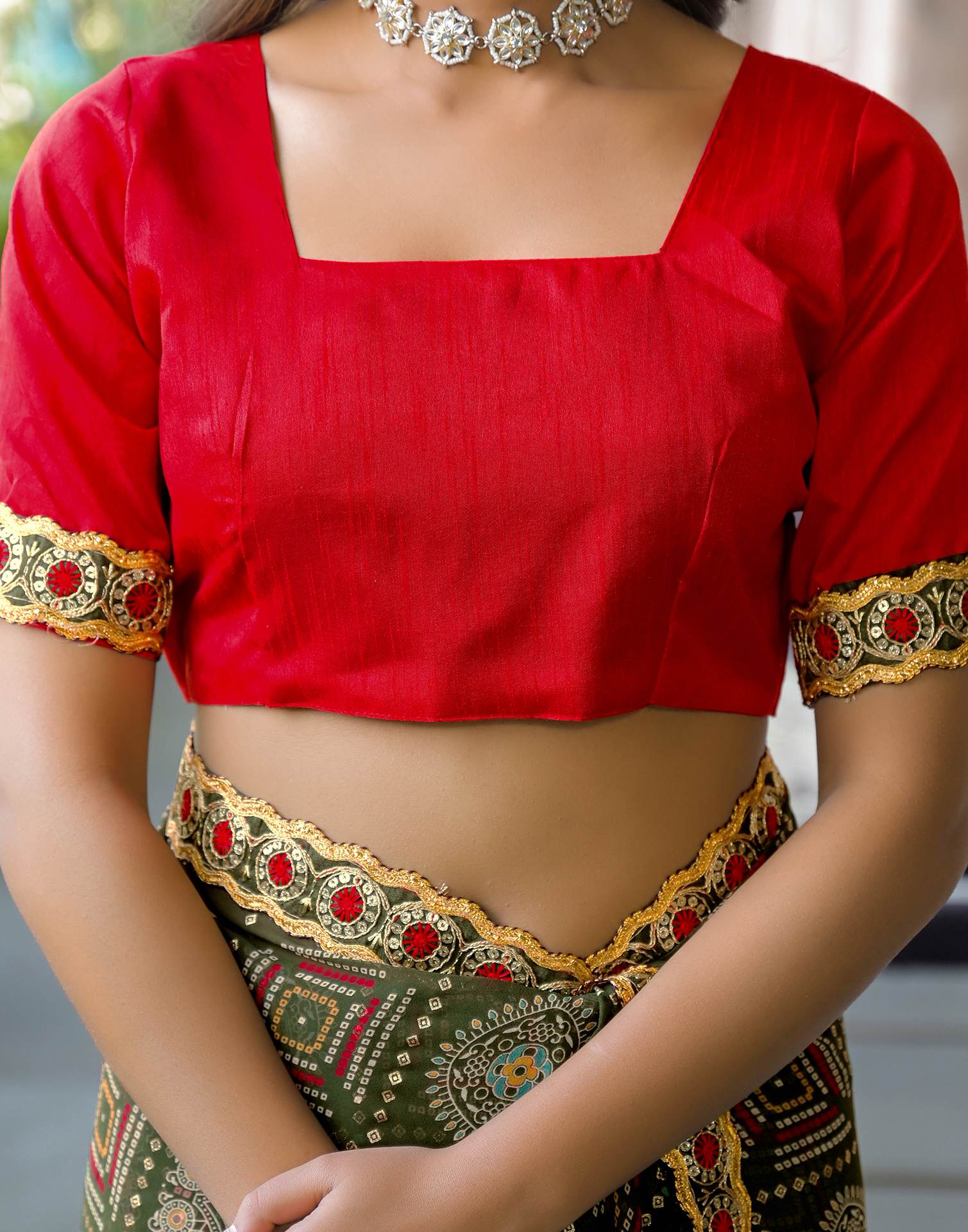 Dark Green Georgette Bandhani Printed Lace Saree