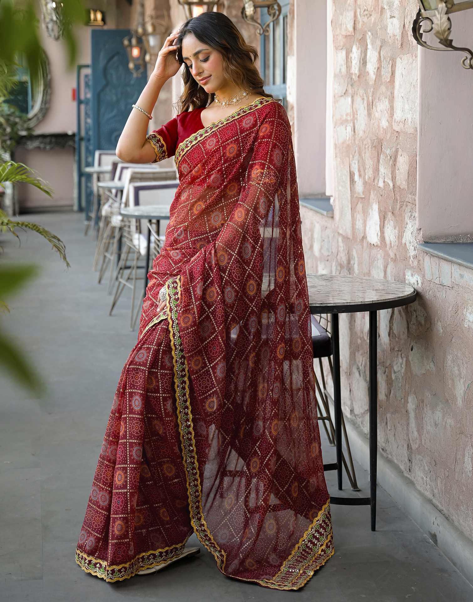 Maroon Georgette Bandhani Printed Lace Saree
