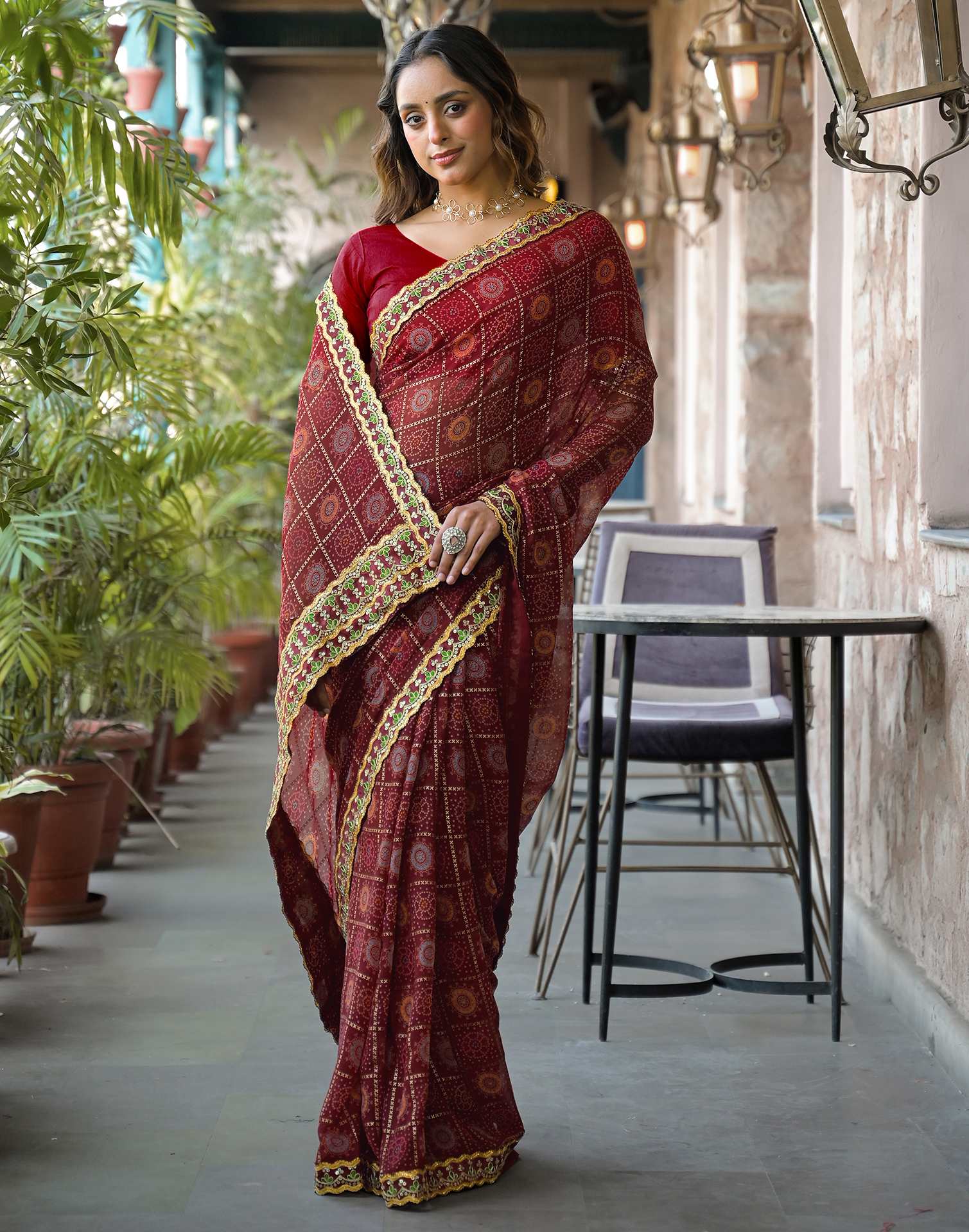 Maroon Georgette Bandhani Printed Lace Saree