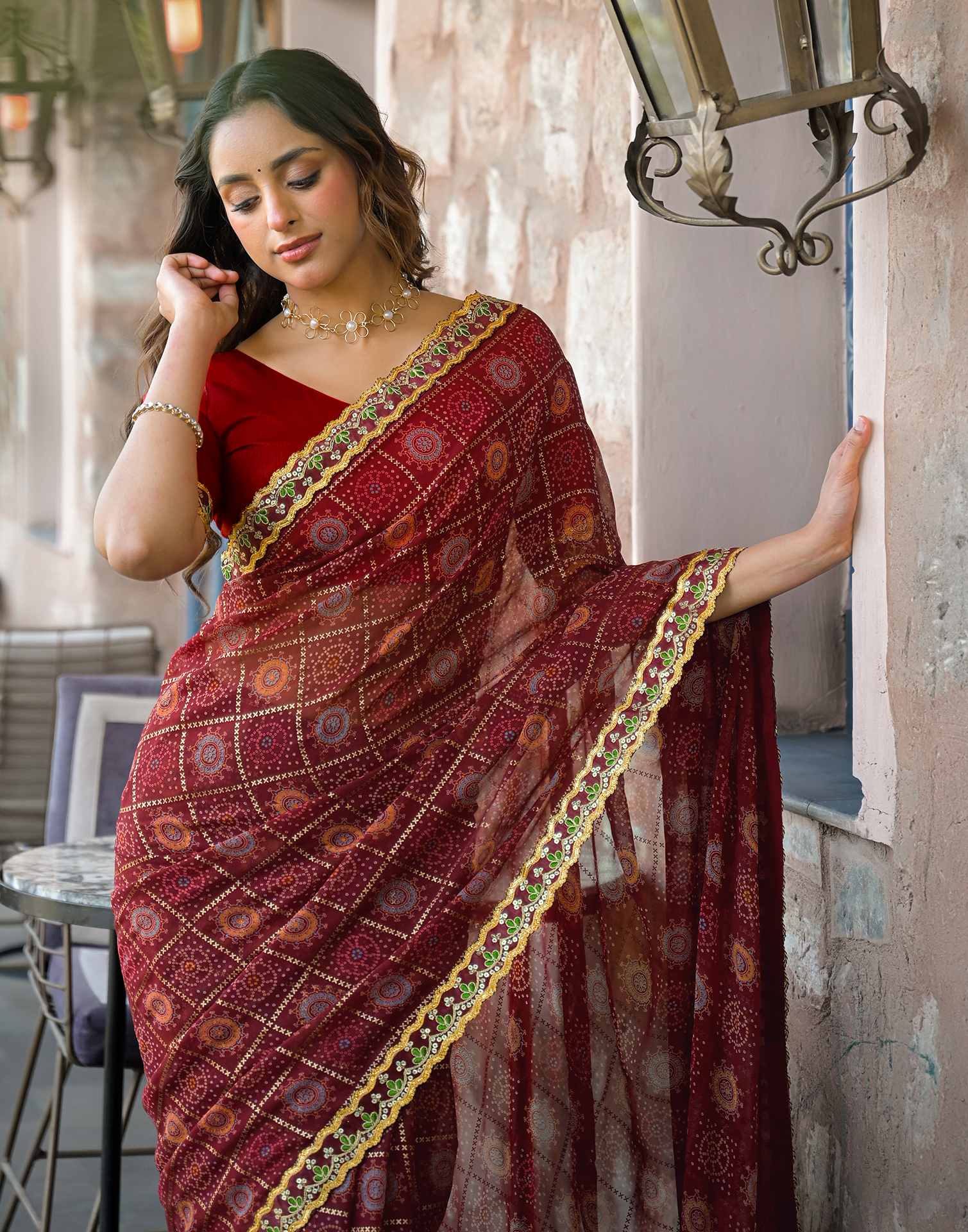 Maroon Georgette Bandhani Printed Lace Saree