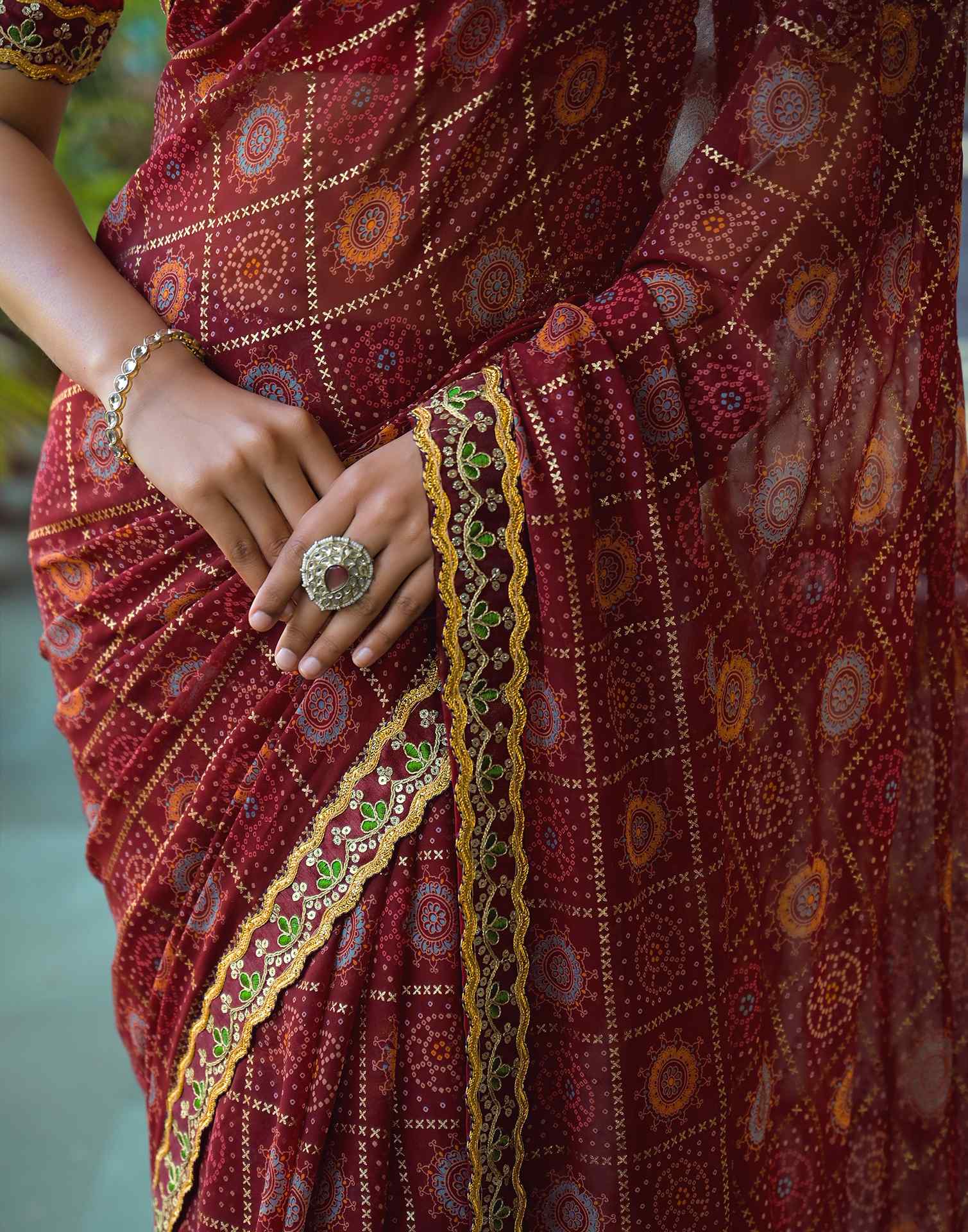 Maroon Georgette Bandhani Printed Lace Saree