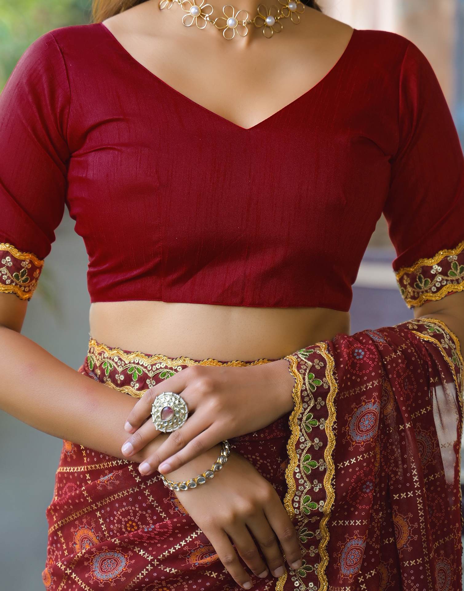 Maroon Georgette Bandhani Printed Lace Saree