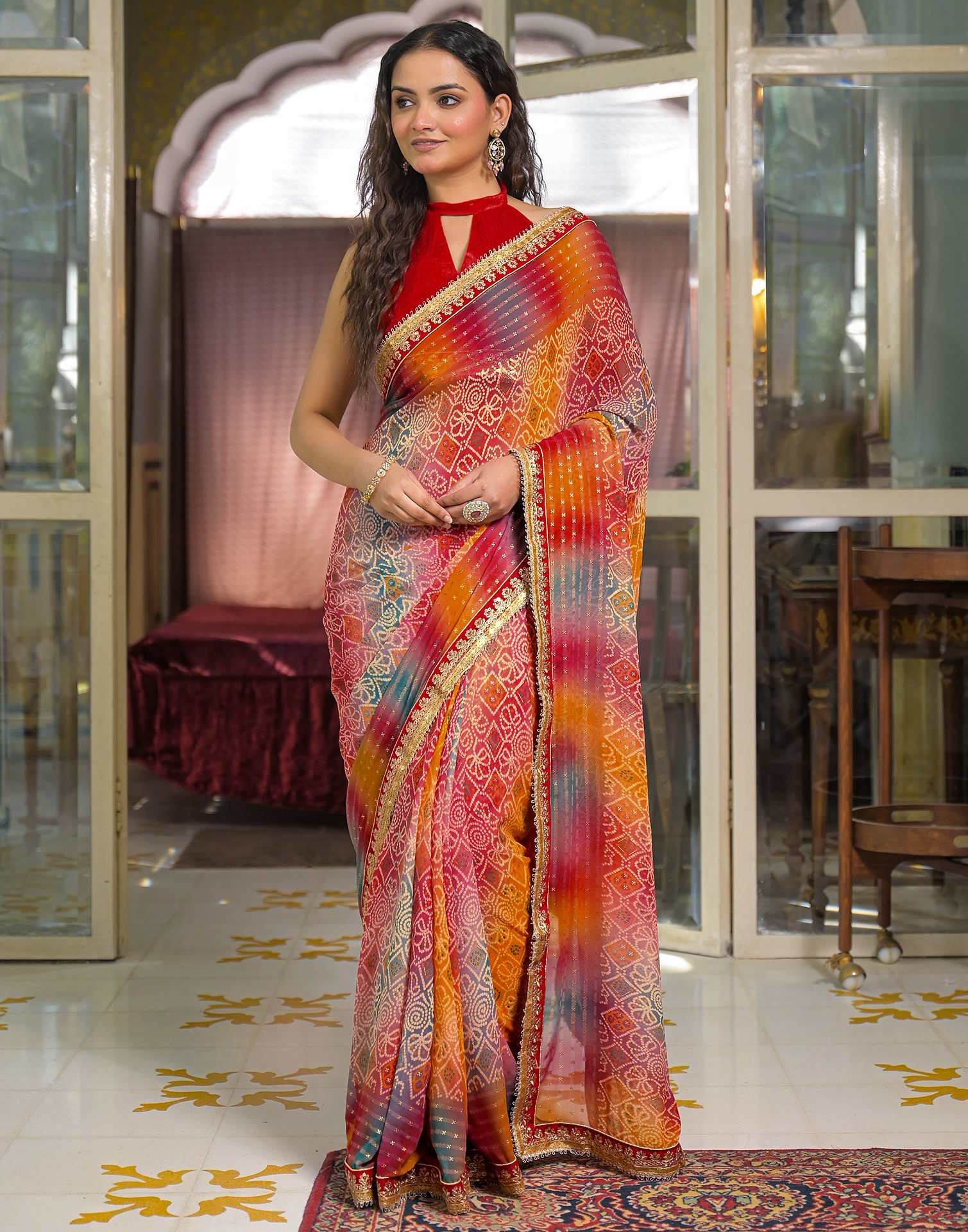 Multicoloured Georgette Bandhani Printed Lace Saree