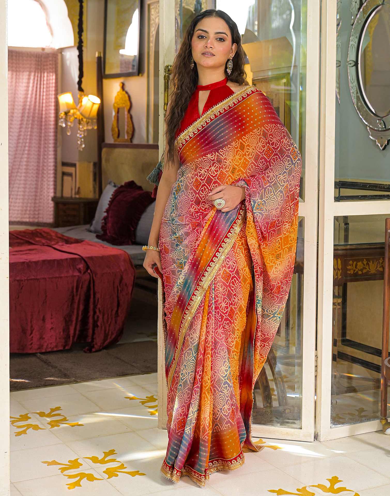 Multicoloured Georgette Bandhani Printed Lace Saree