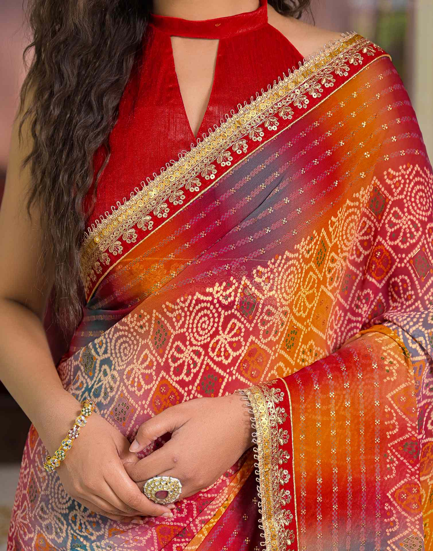 Multicoloured Georgette Bandhani Printed Lace Saree