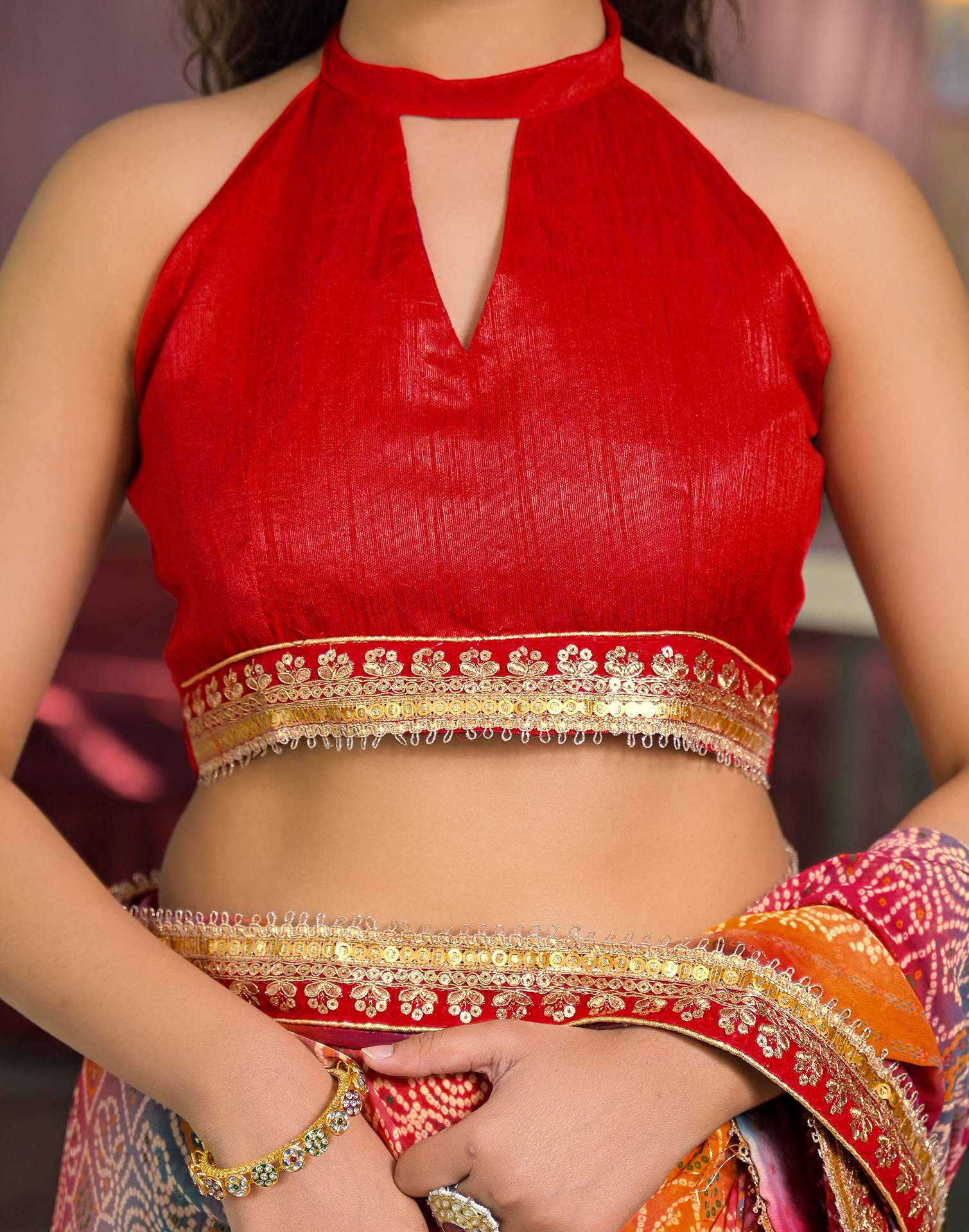 Multicoloured Georgette Bandhani Printed Lace Saree