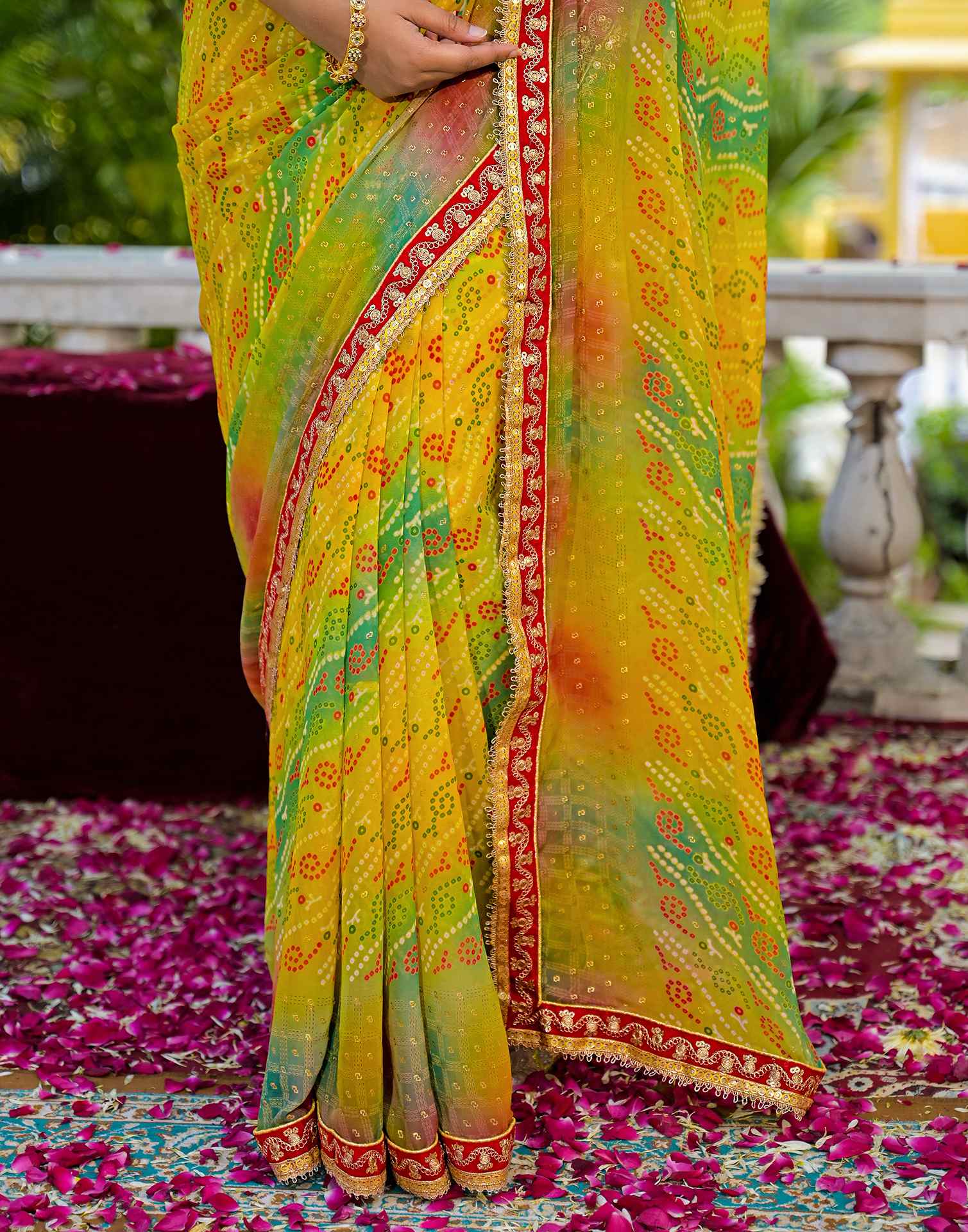 Yellow Georgette Bandhani Printed Lace Saree