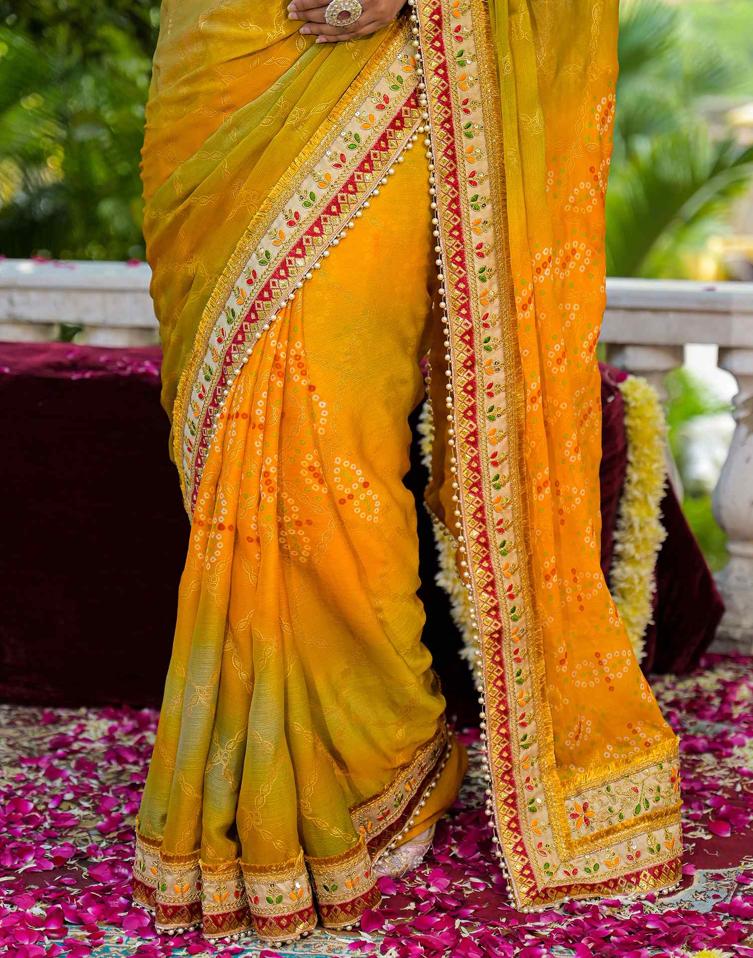 Yellow Chiffon Bandhani Printed Lace Saree
