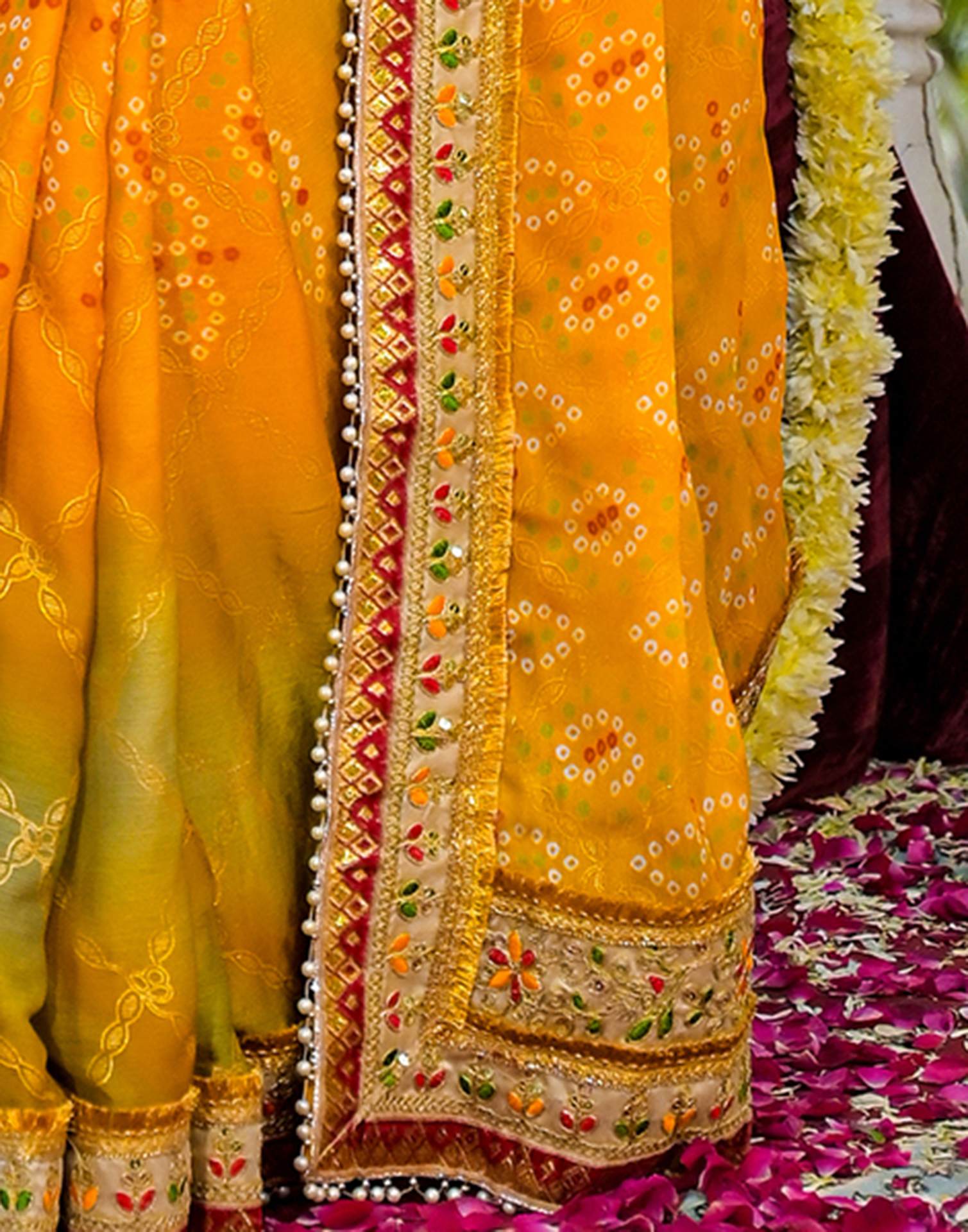 Yellow Chiffon Bandhani Printed Lace Saree