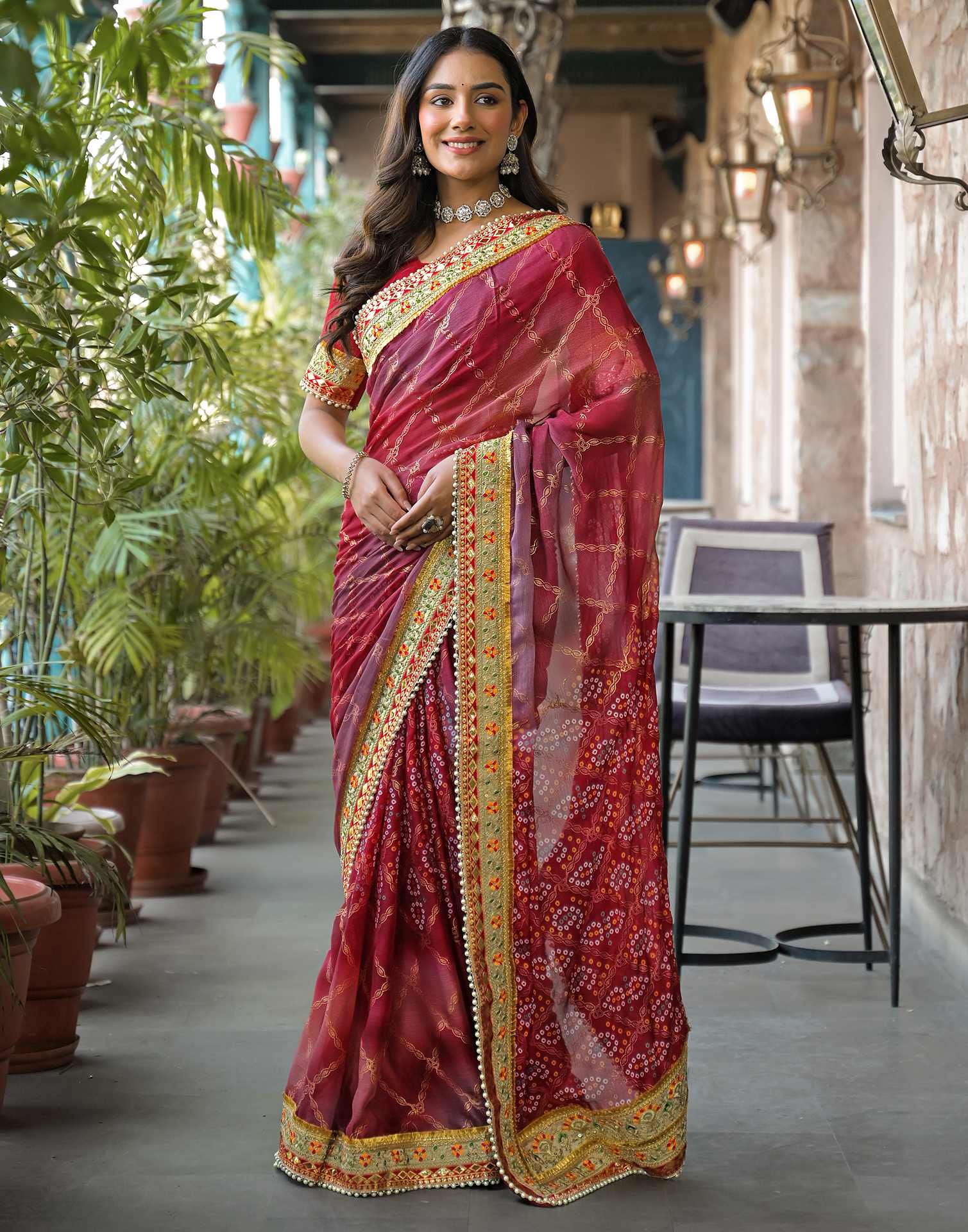 Magenta Chiffon Bandhani Printed Lace Saree