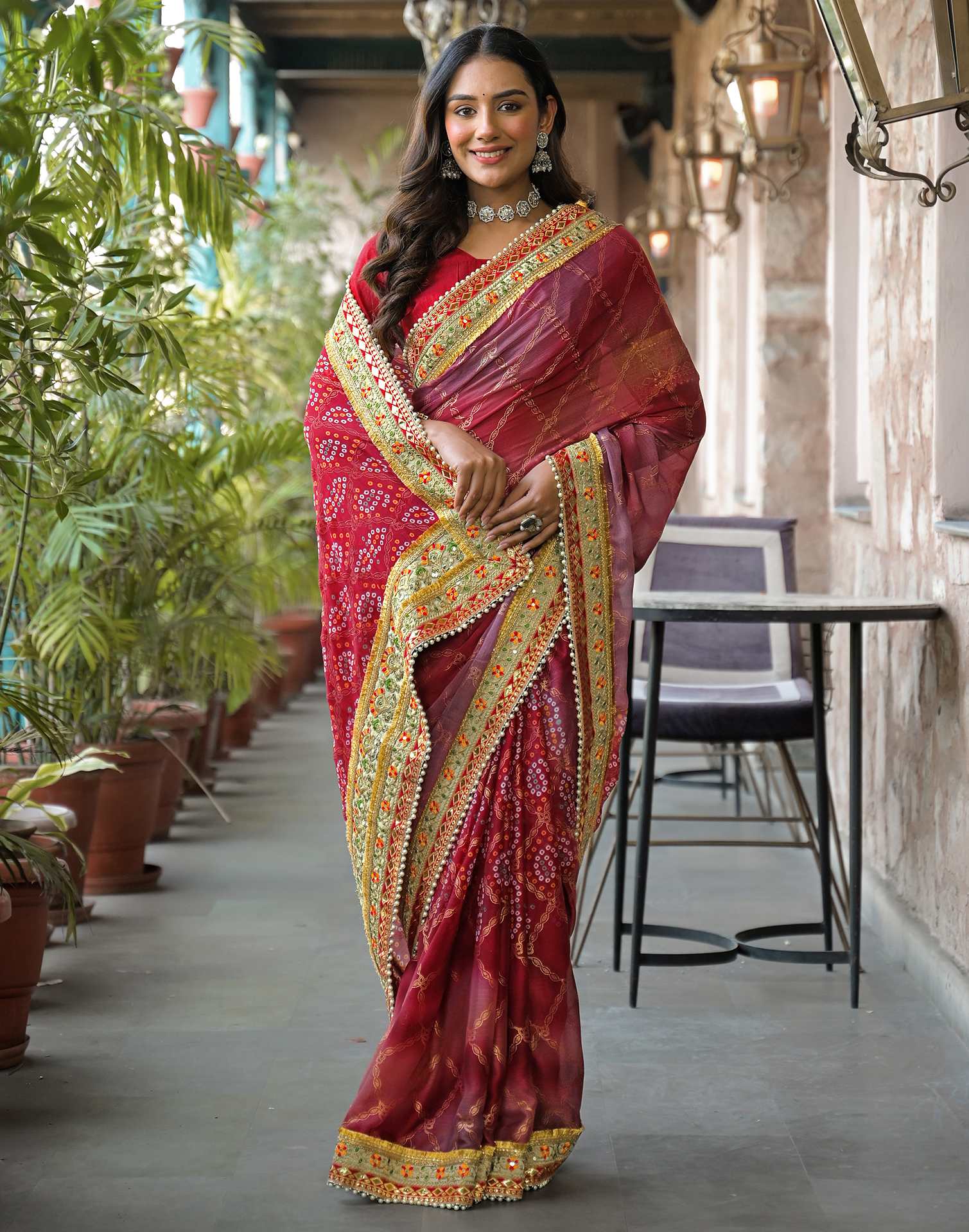 Magenta Chiffon Bandhani Printed Lace Saree