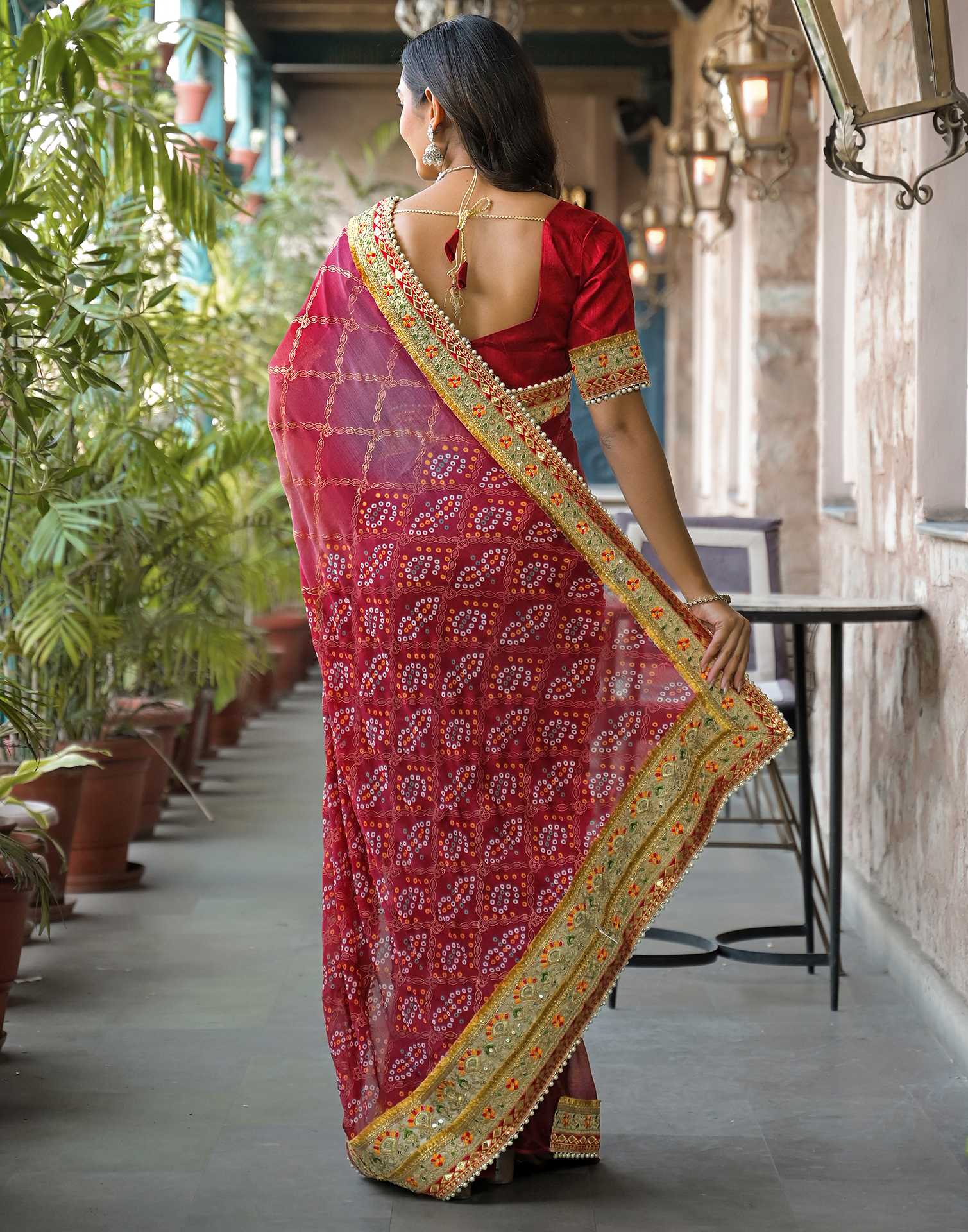 Magenta Chiffon Bandhani Printed Lace Saree