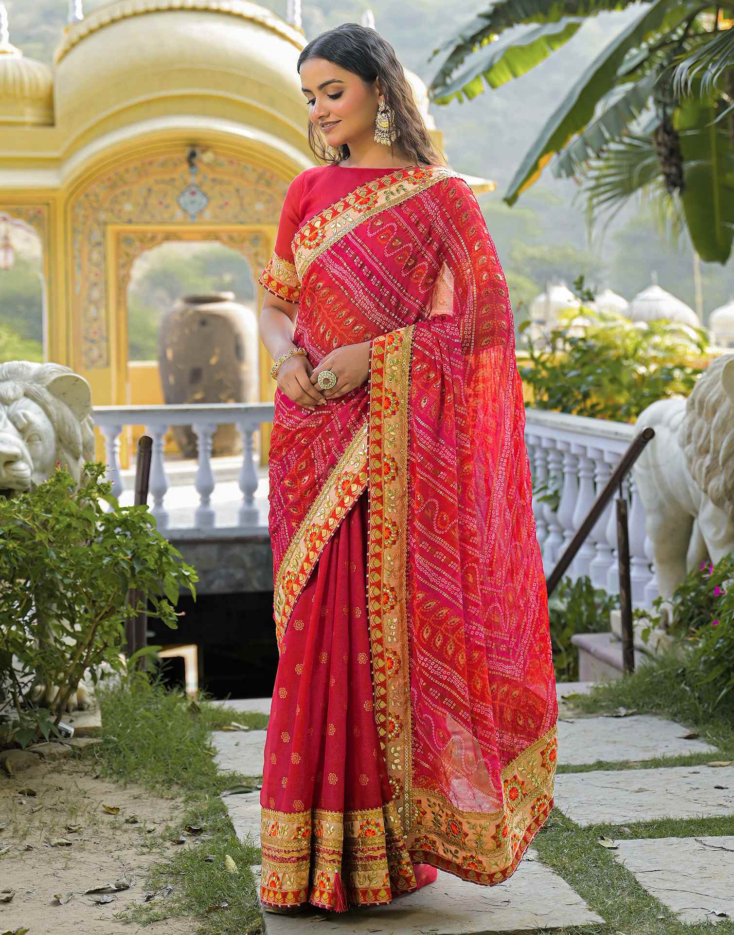 Red Chiffon Bandhani Printed Lace Saree