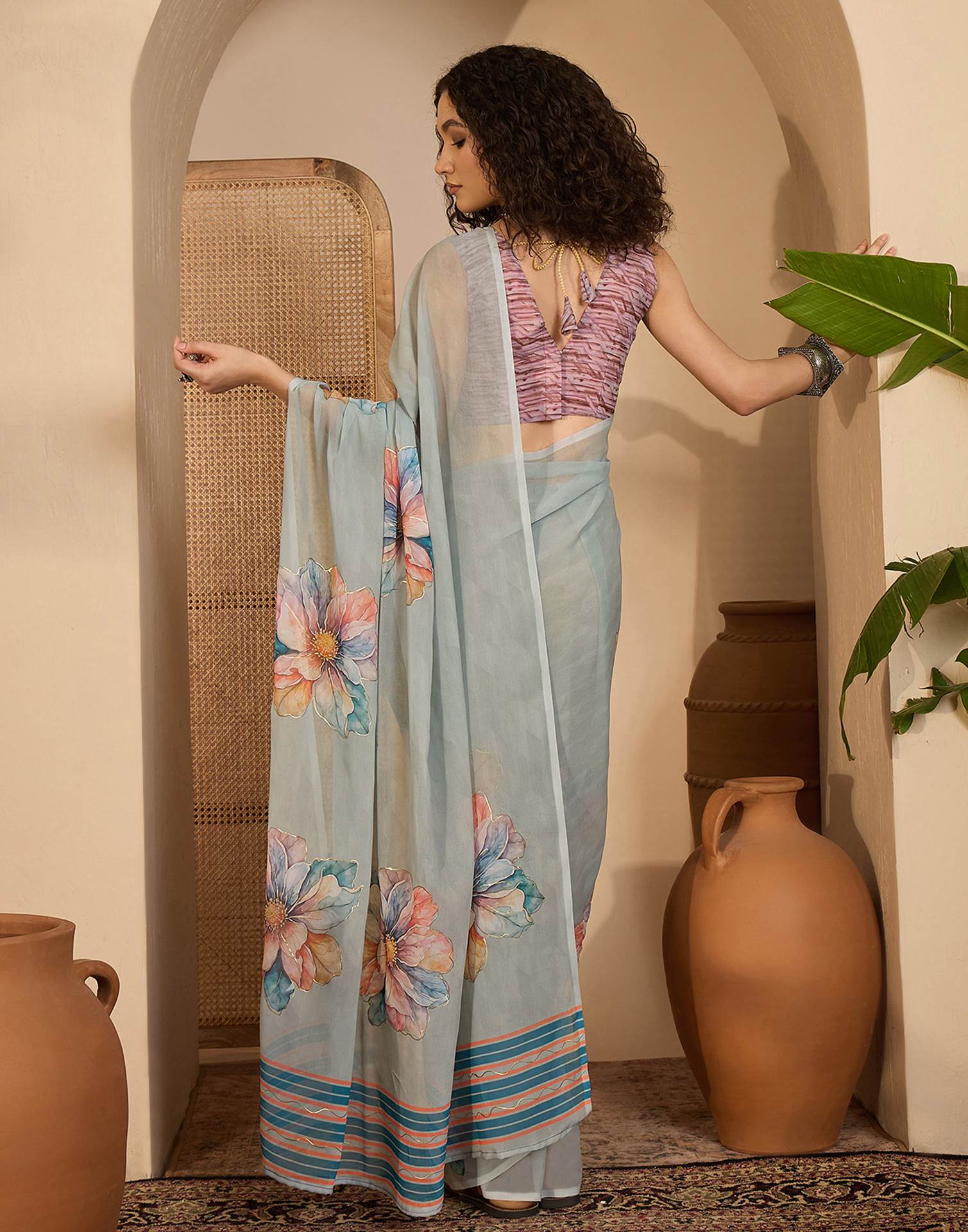 Grey Georgette Floral Printed Saree