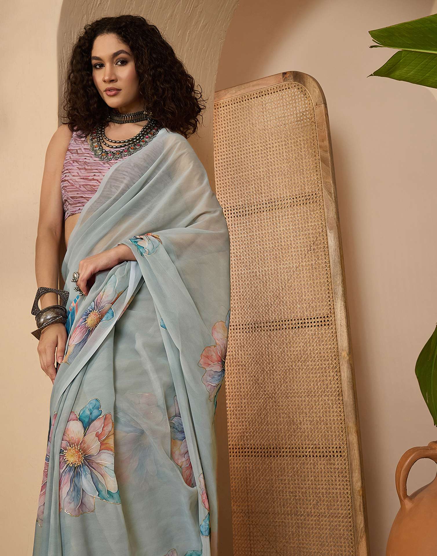 Grey Georgette Floral Printed Saree