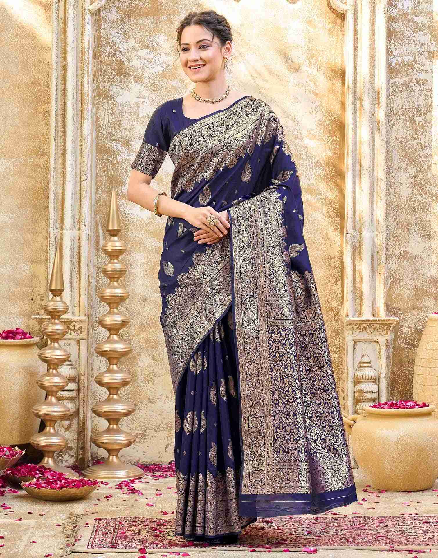 Navy Blue Silk Woven Banarasi Saree
