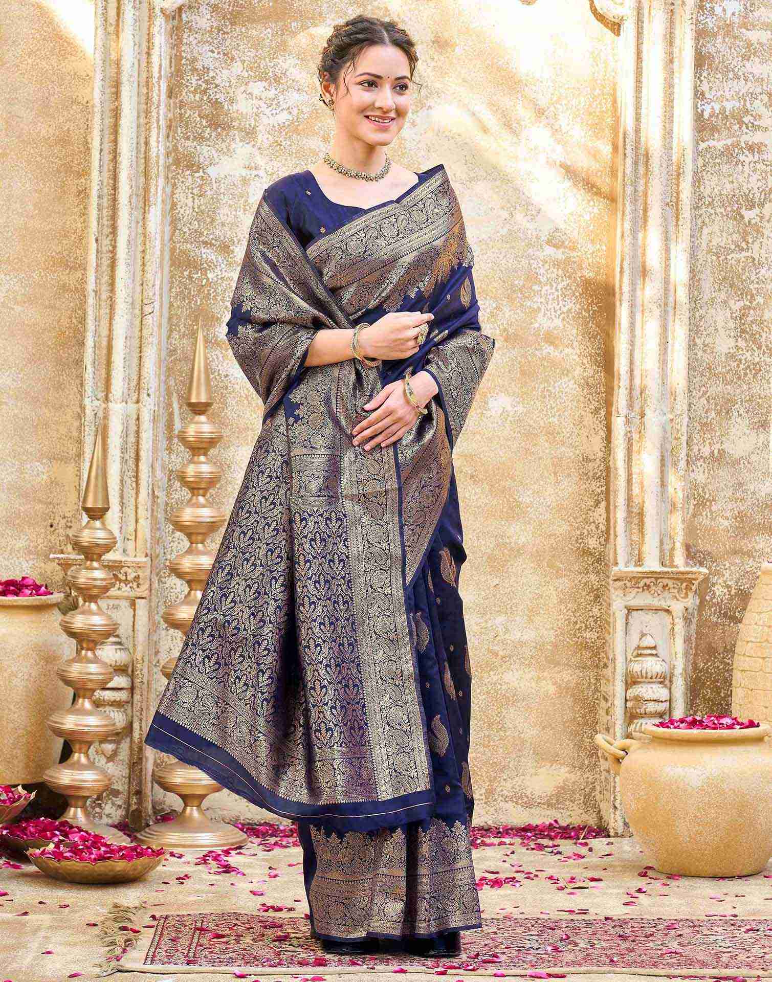 Navy Blue Silk Woven Banarasi Saree