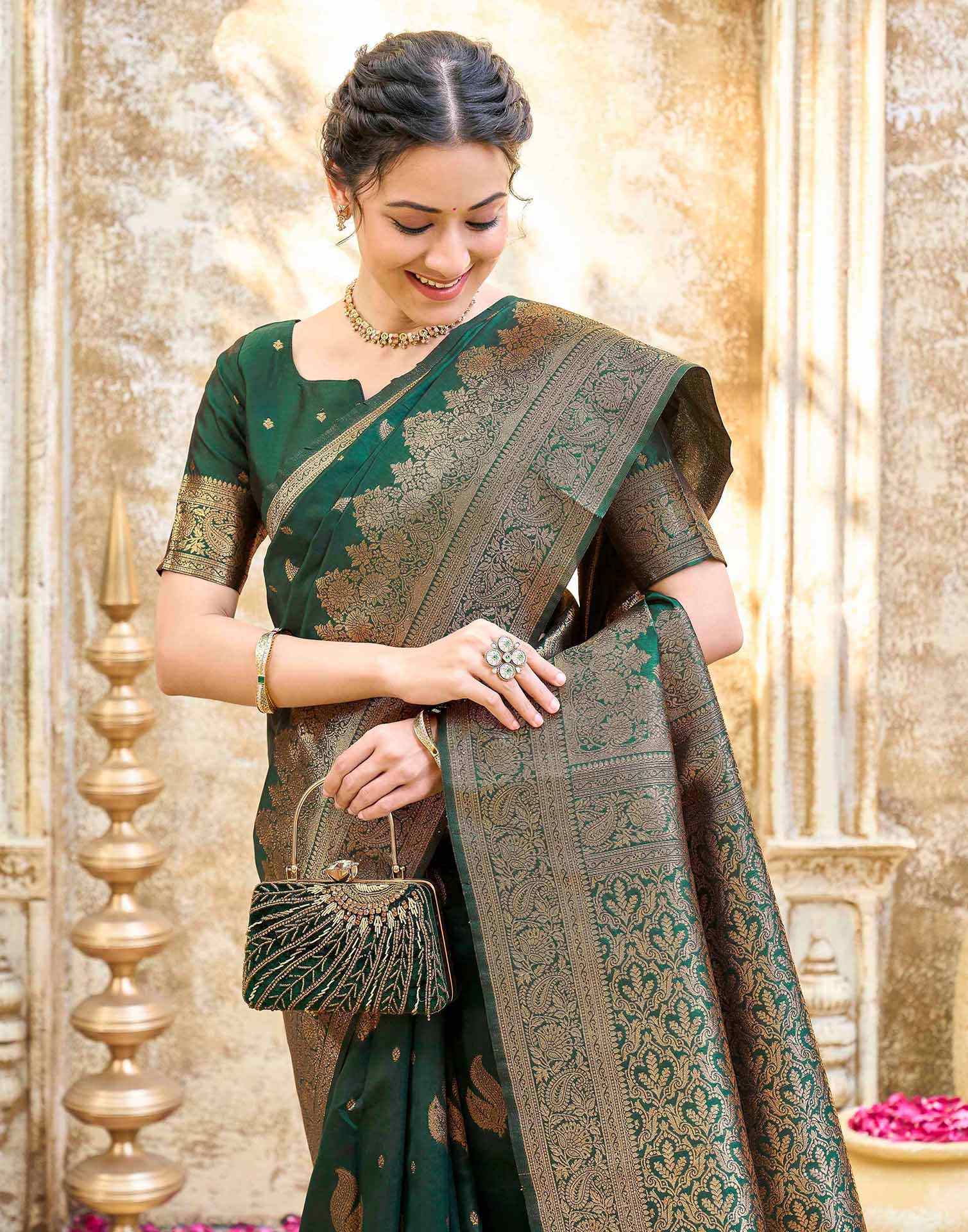 Dark Green Silk Woven Banarasi Saree