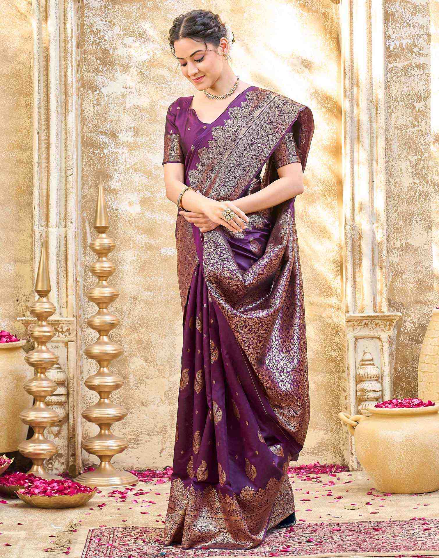 Dark Purple Silk Woven Banarasi Saree