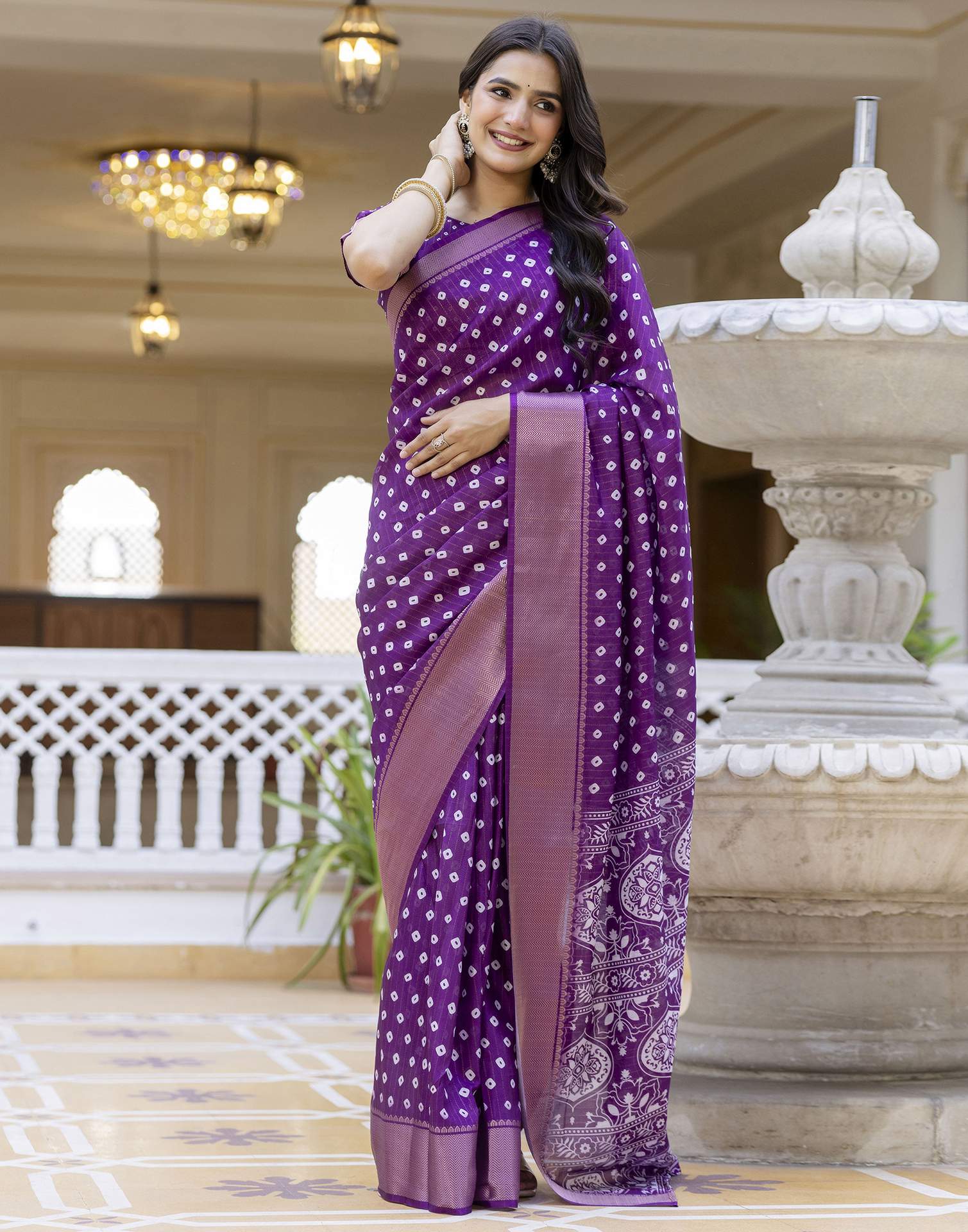 Ready To Wear Purple Dola Silk Bandhani Printed Saree