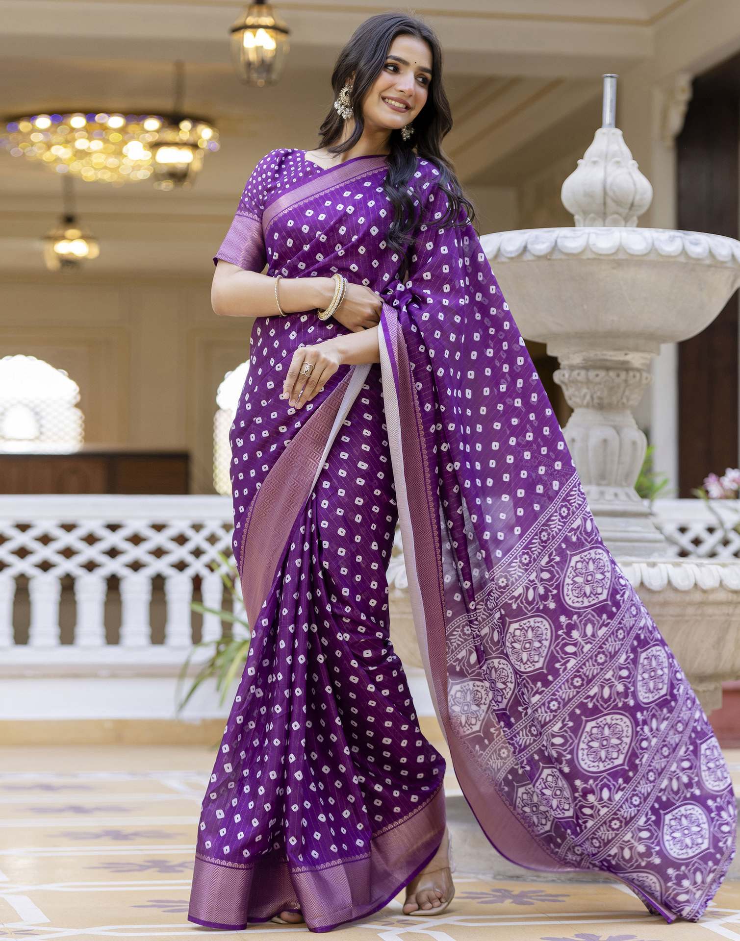 Ready To Wear Purple Dola Silk Bandhani Printed Saree