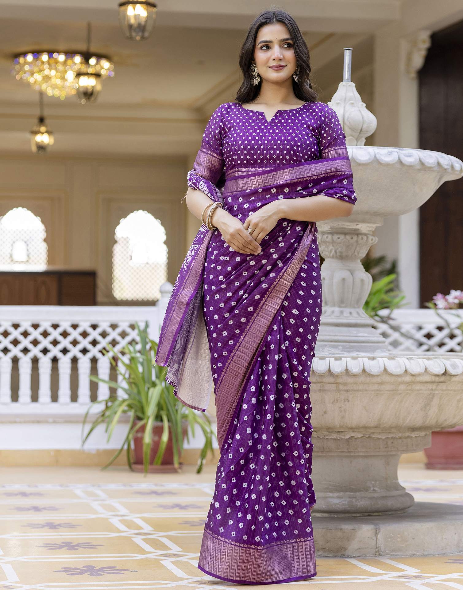Ready To Wear Purple Dola Silk Bandhani Printed Saree