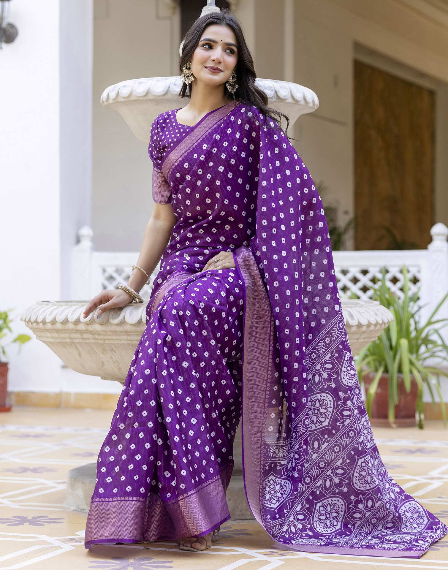 Ready To Wear Purple Dola Silk Bandhani Printed Saree