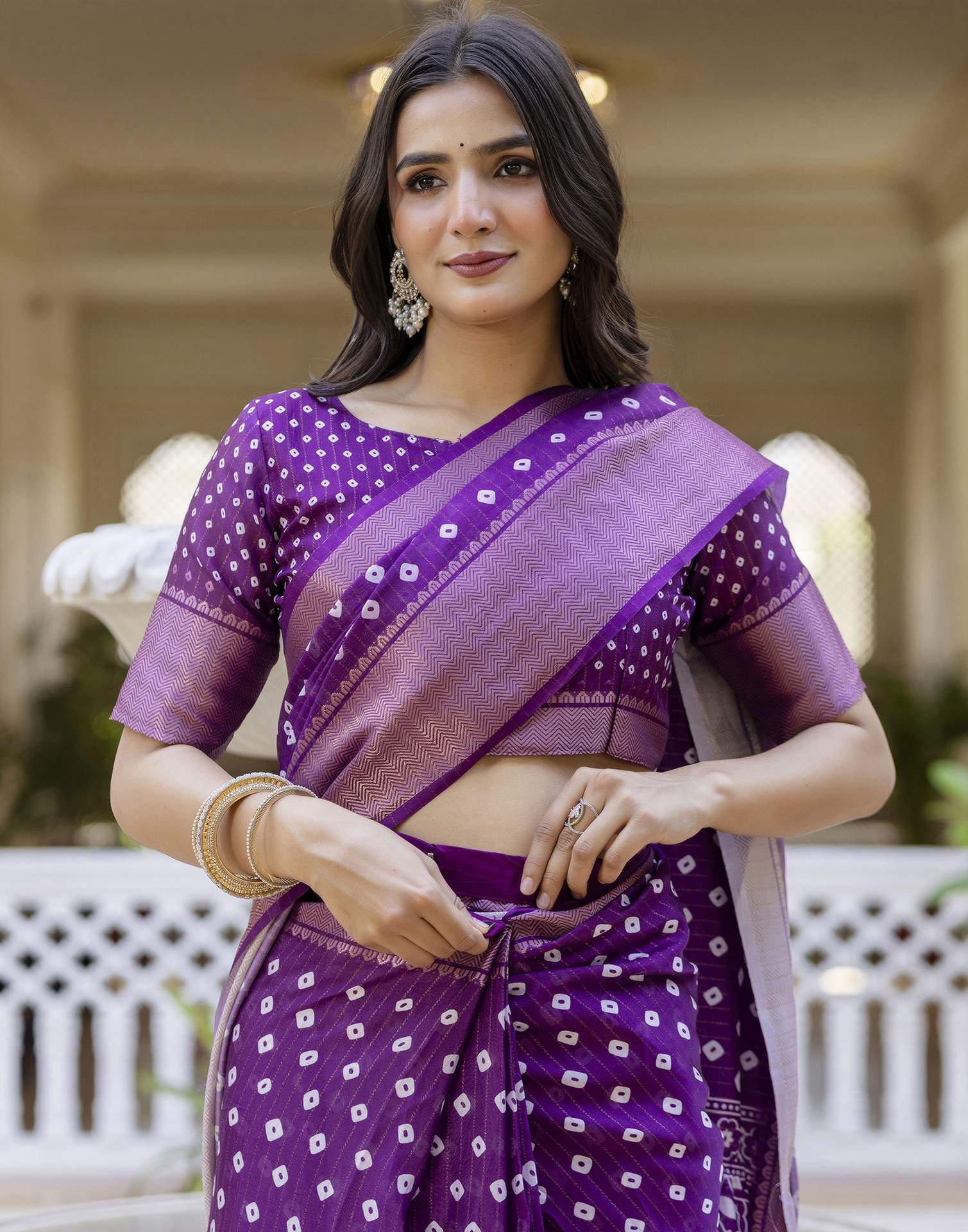 Ready To Wear Purple Dola Silk Bandhani Printed Saree