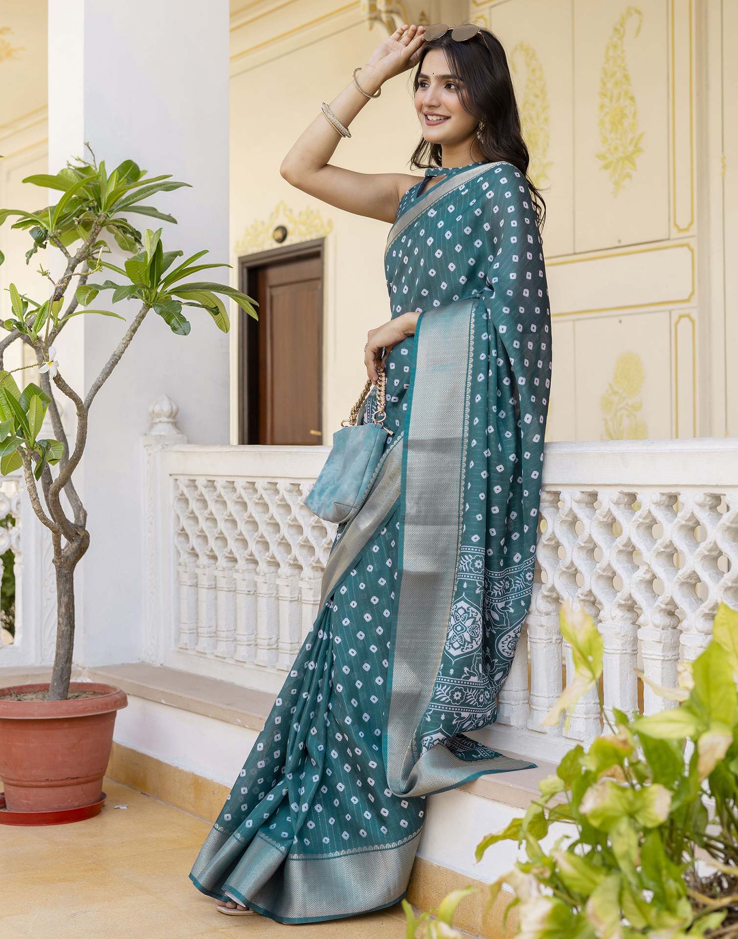 Ready To Wear Rama Green Dola Silk Bandhani Printed Saree