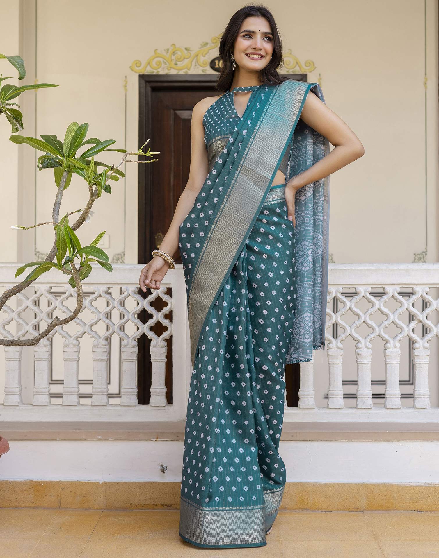 Ready To Wear Rama Green Dola Silk Bandhani Printed Saree