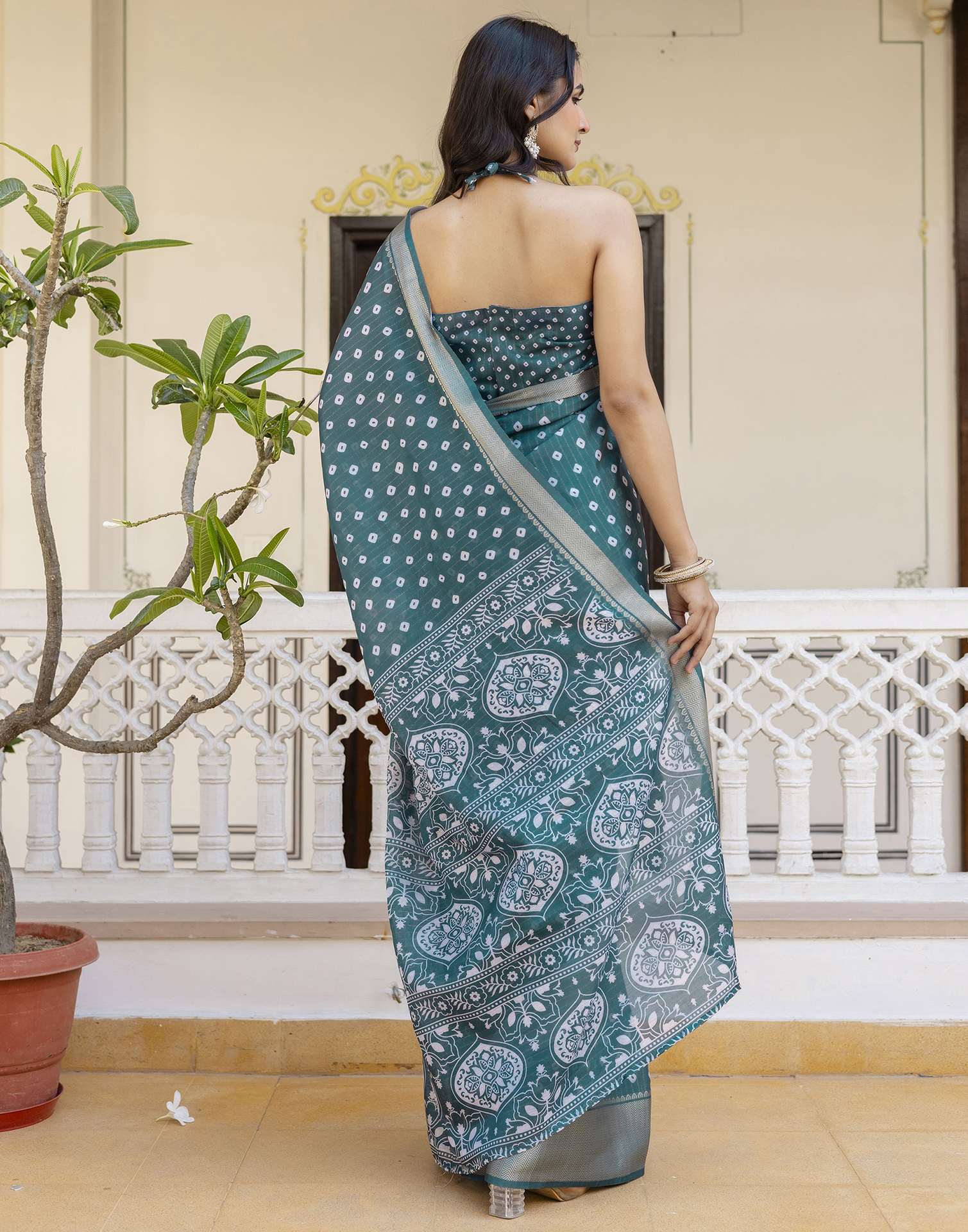 Ready To Wear Rama Green Dola Silk Bandhani Printed Saree
