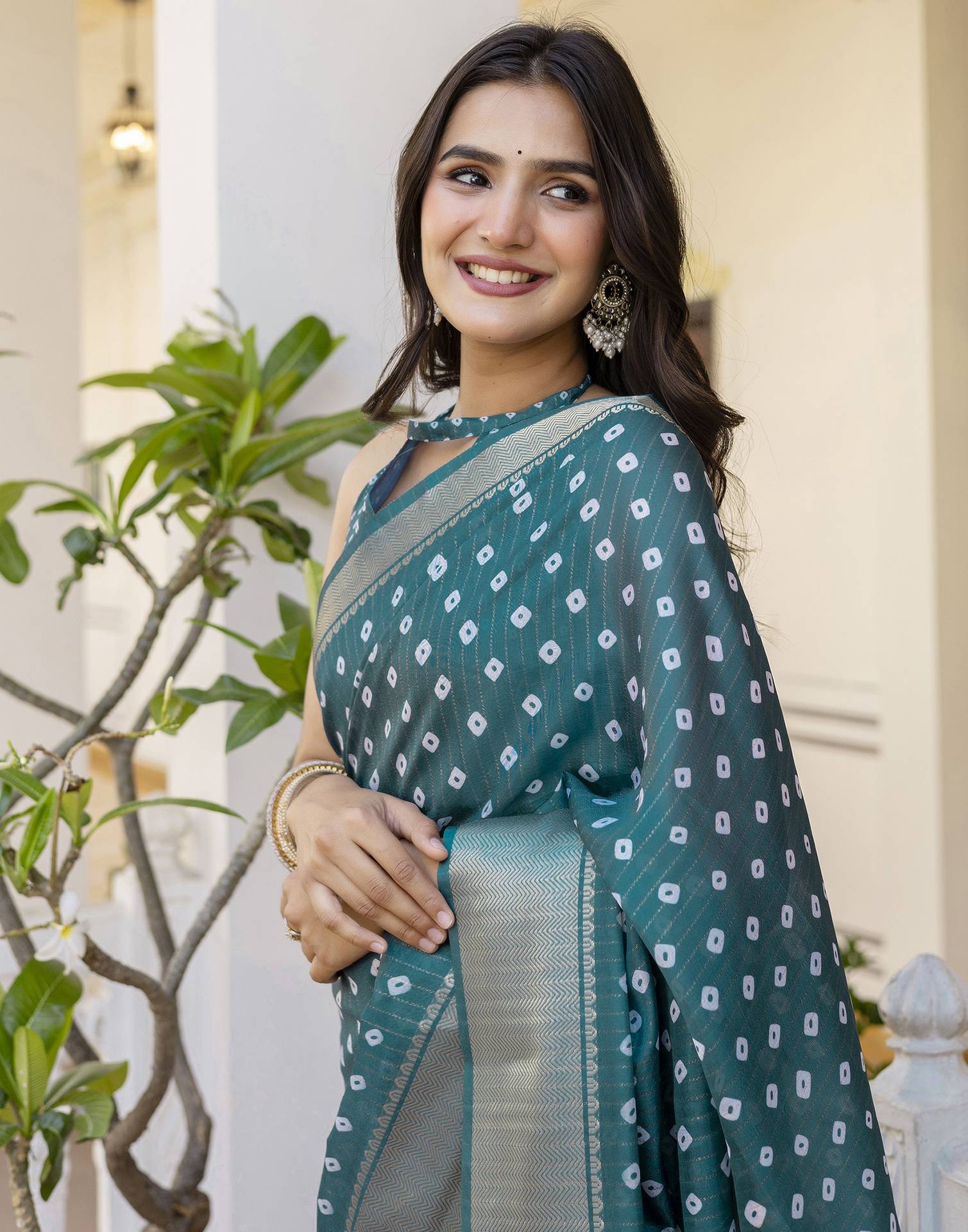 Ready To Wear Rama Green Dola Silk Bandhani Printed Saree