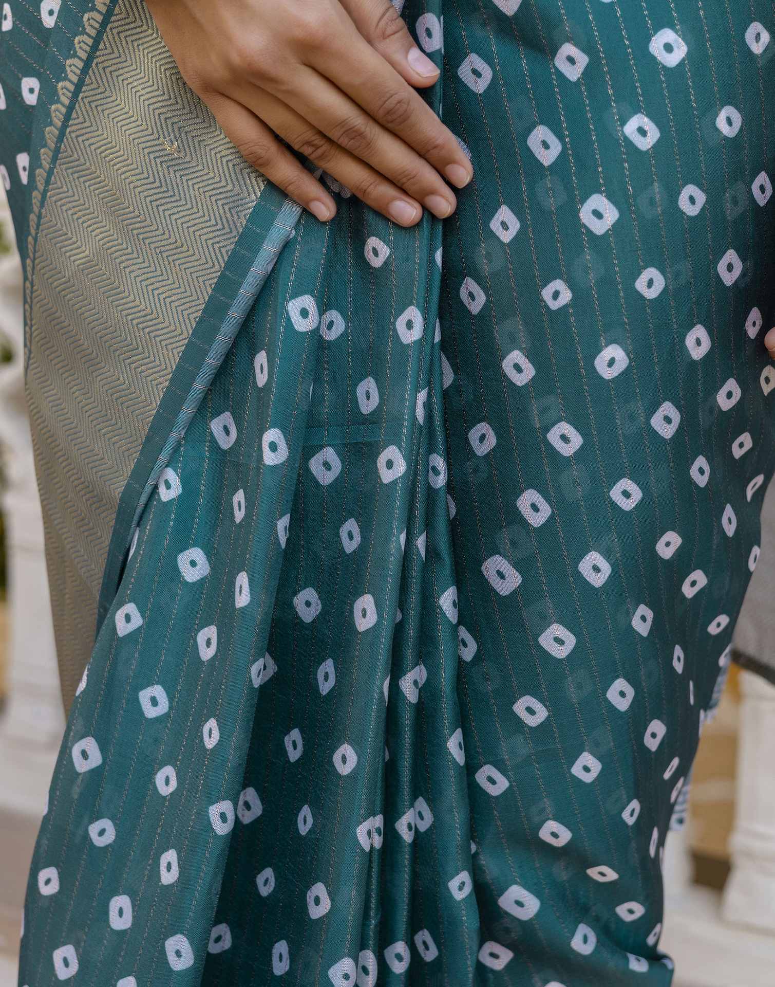 Ready To Wear Rama Green Dola Silk Bandhani Printed Saree