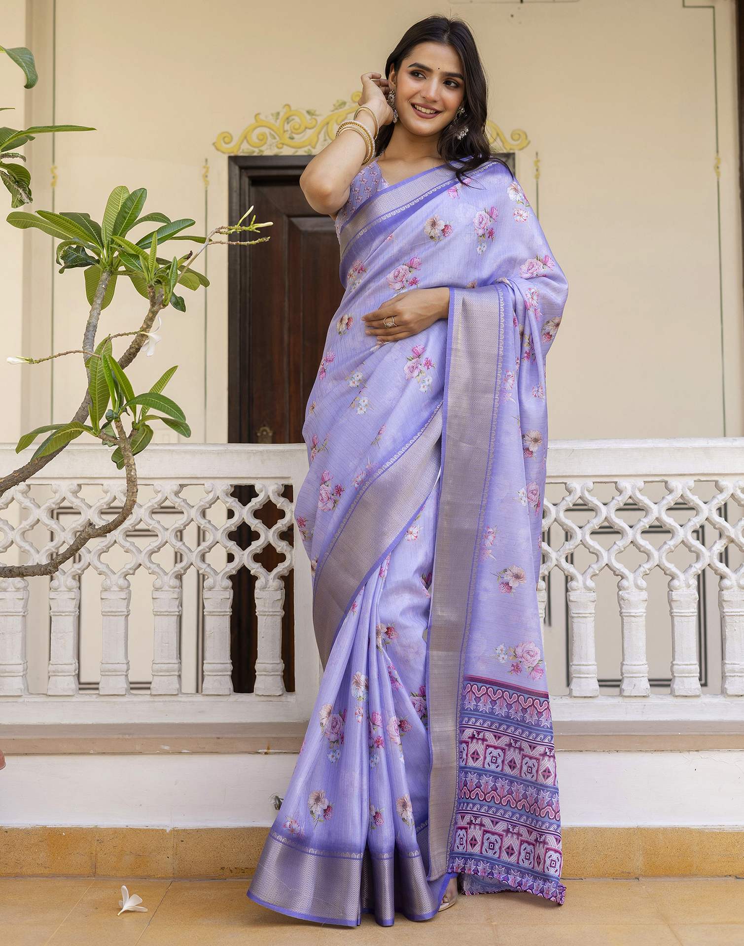 Ready To Wear Light Lavender Dola Silk Floral Printed Saree