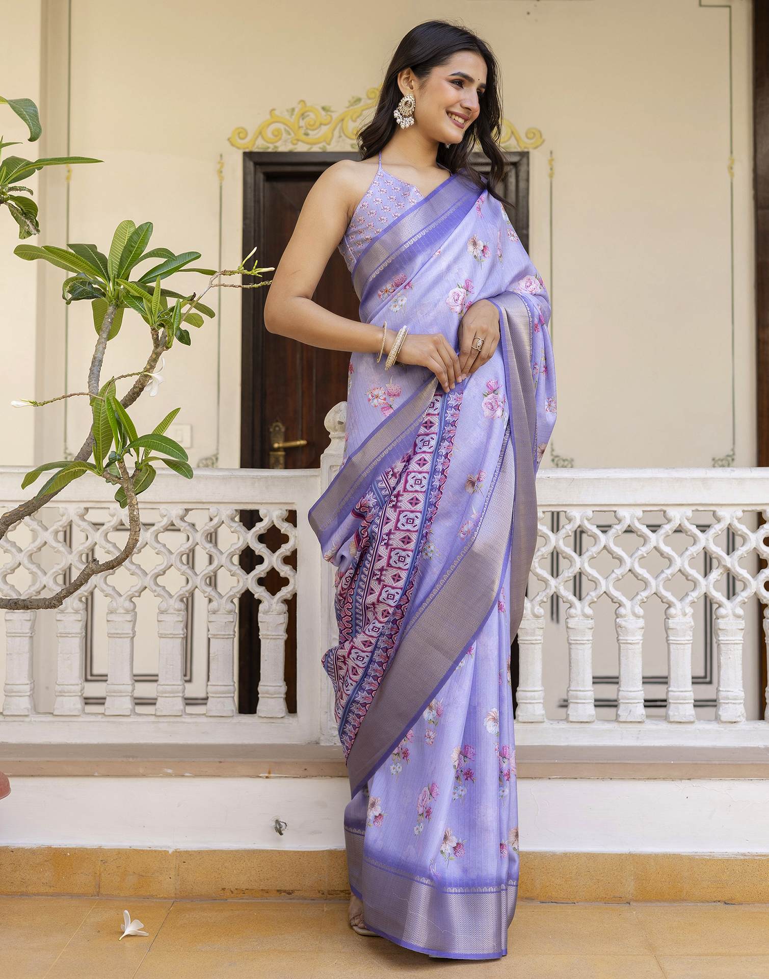 Ready To Wear Light Lavender Dola Silk Floral Printed Saree