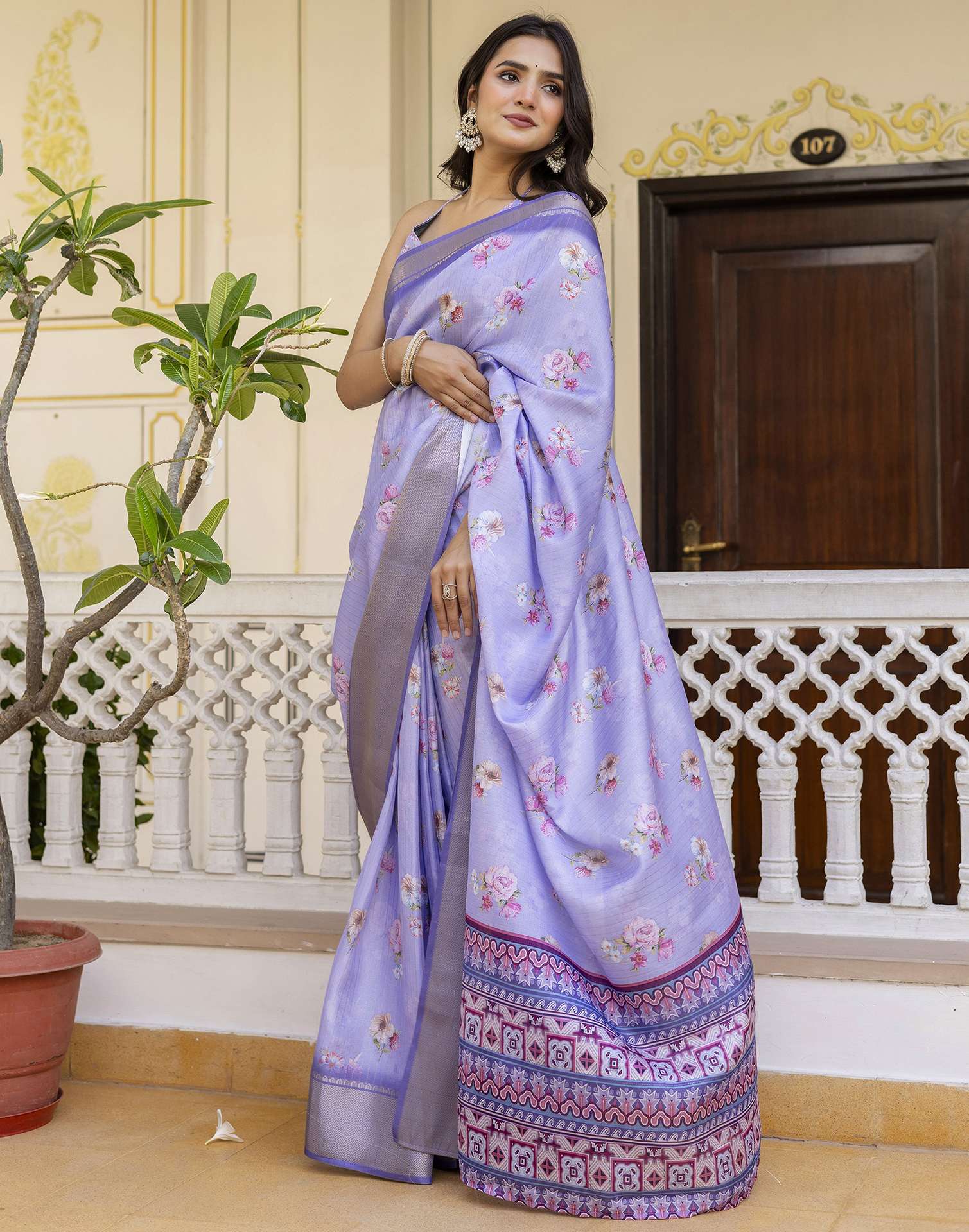 Ready To Wear Light Lavender Dola Silk Floral Printed Saree