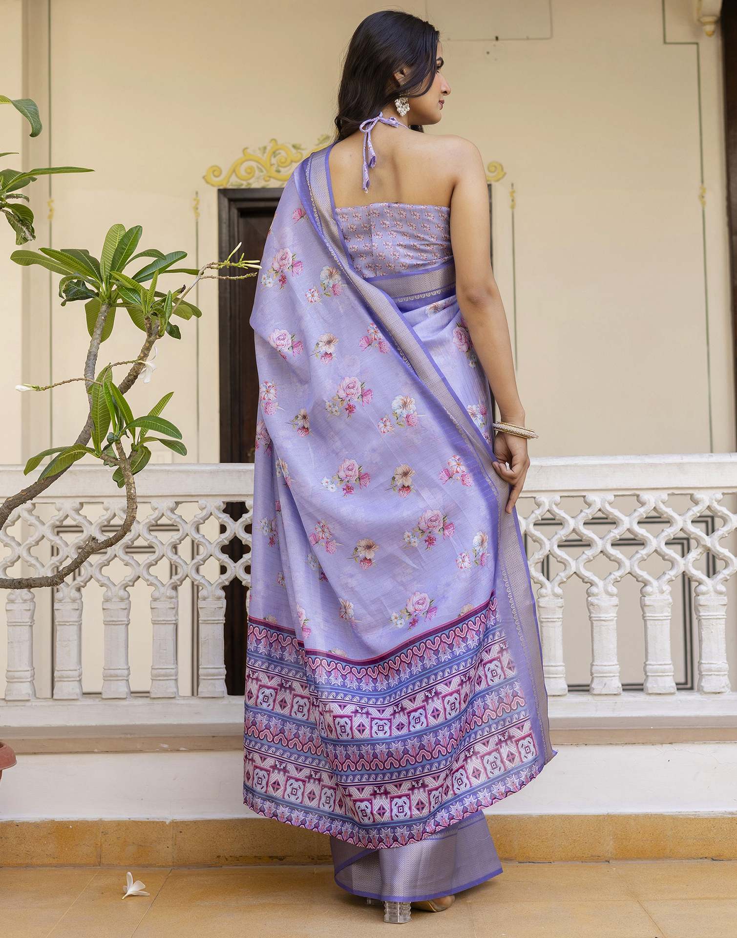 Ready To Wear Light Lavender Dola Silk Floral Printed Saree