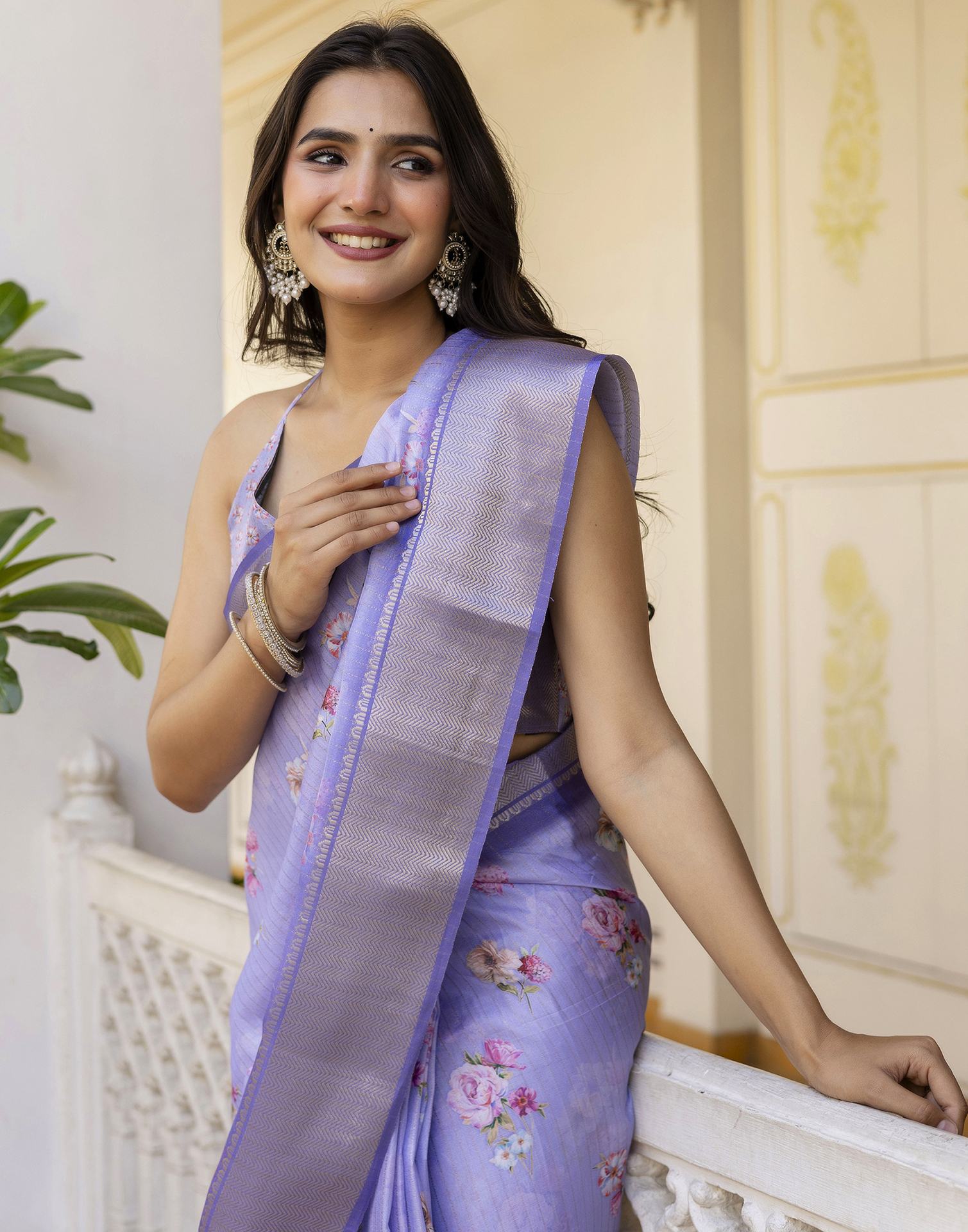 Ready To Wear Light Lavender Dola Silk Floral Printed Saree