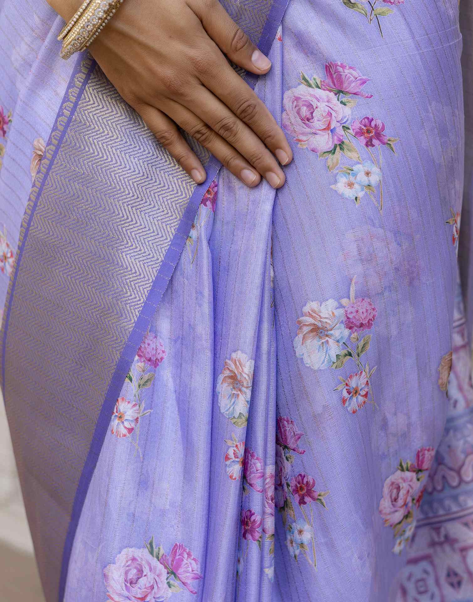 Ready To Wear Light Lavender Dola Silk Floral Printed Saree
