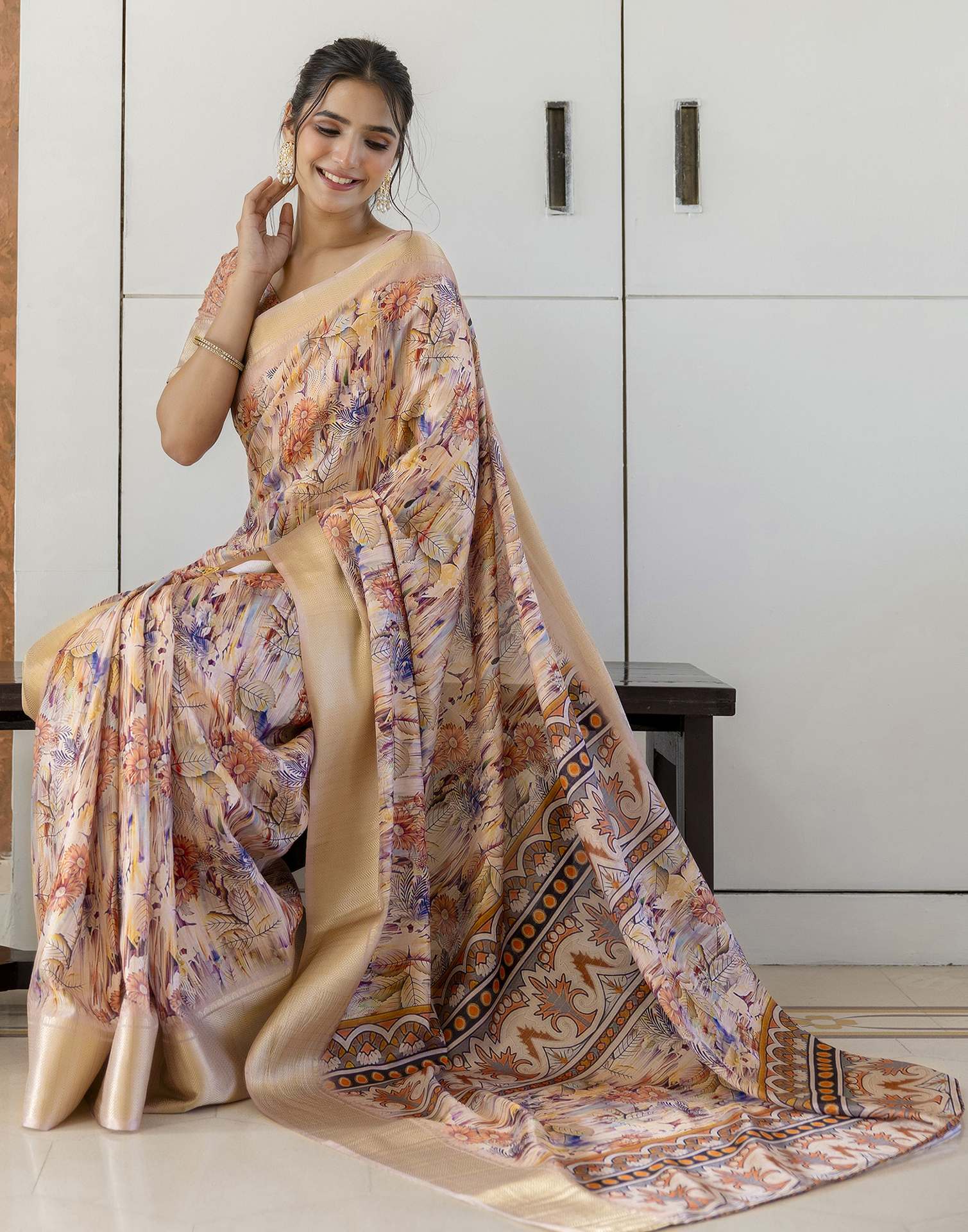 Ready To Wear Light Beige Dola Silk Woven Border Printed Saree